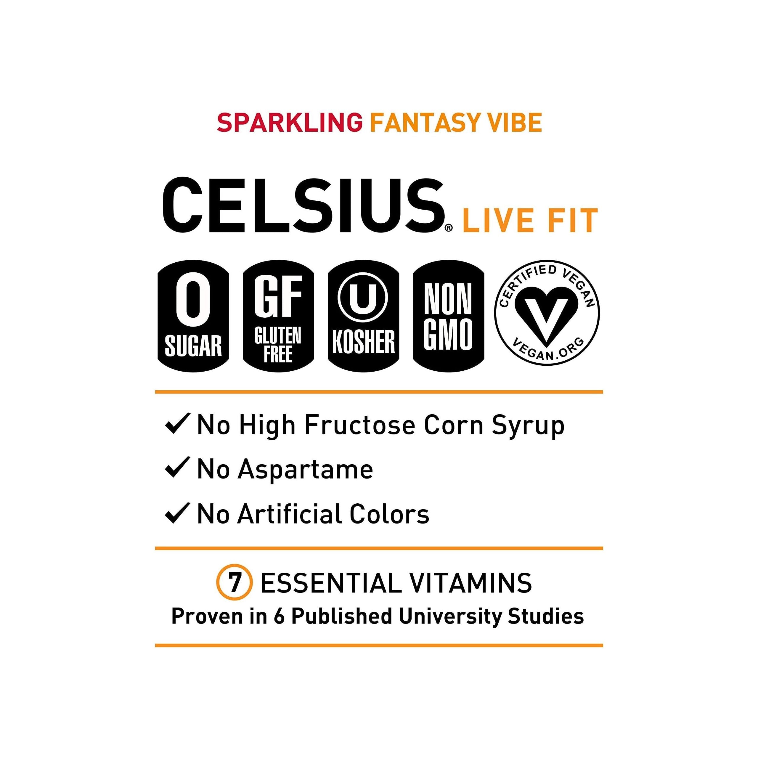 CELSIUS Sparkling Fantasy Vibe, Essential Energy Drink, 12 Fl Oz Cans, Pack of 24 – Premium, No Sugar, Gluten-Free, Vegan - Celsius