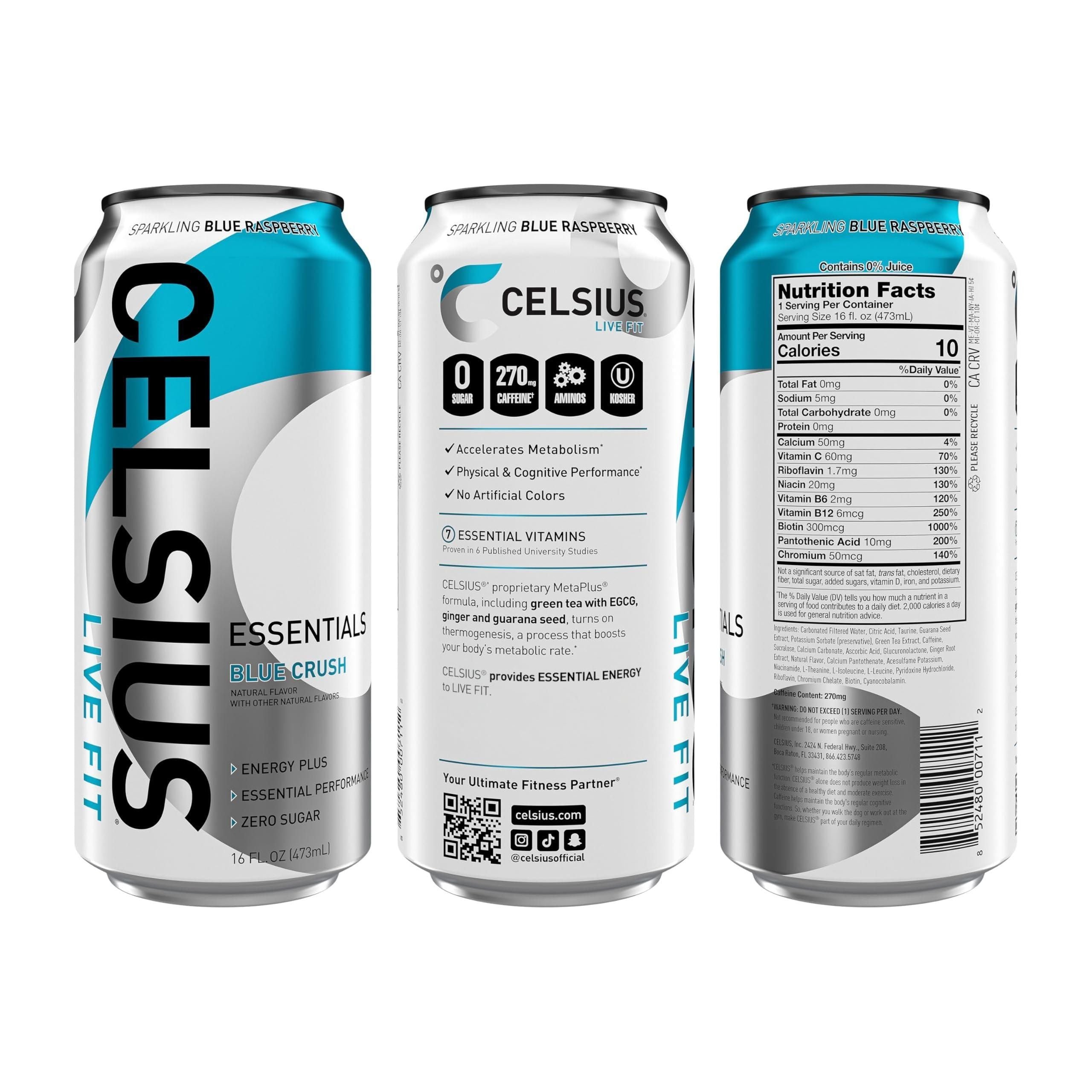 CELSIUS ESSENTIALS Sparkling Blue Crush, 16 Fl Oz, Performance Energy Drink (Pack of 12) - Celsius