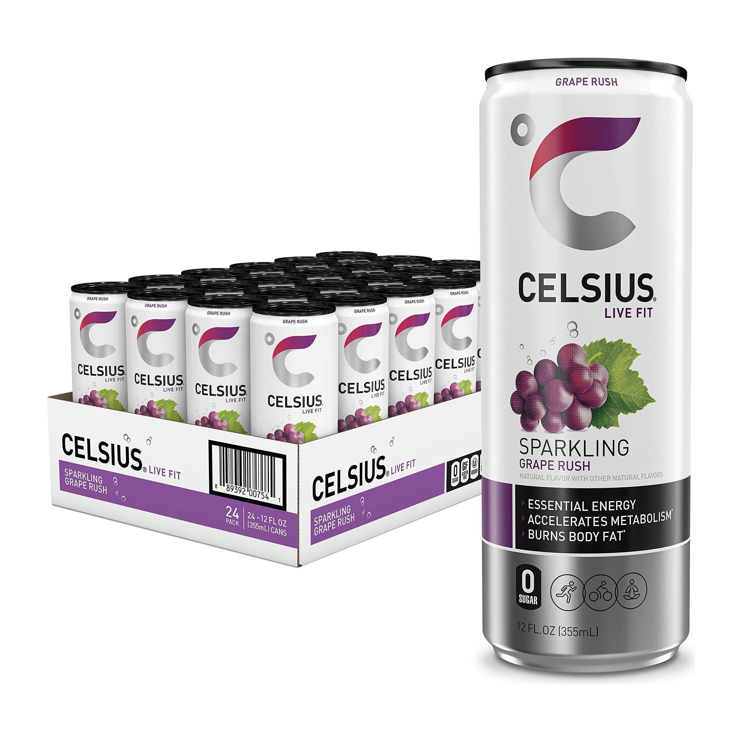 CELSIUS Sparkling Grape Rush, Essential Energy Drink, 12oz Cans (Pack of 24) - Sugar-Free, Vegan, Gluten-Free, Non-GMO, 200mg Caffeine - Celsius