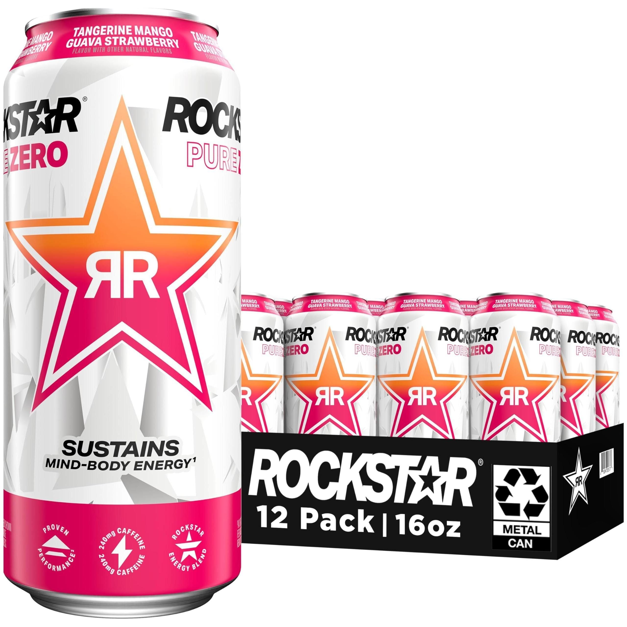 Rockstar Pure Zero Energy Drink, Tangerine Mango Guava Strawberry, Zero Sugar, with Caffeine and Taurine, 16 Fl Oz (12 Pack) (Packaging Varies) - Rockstar