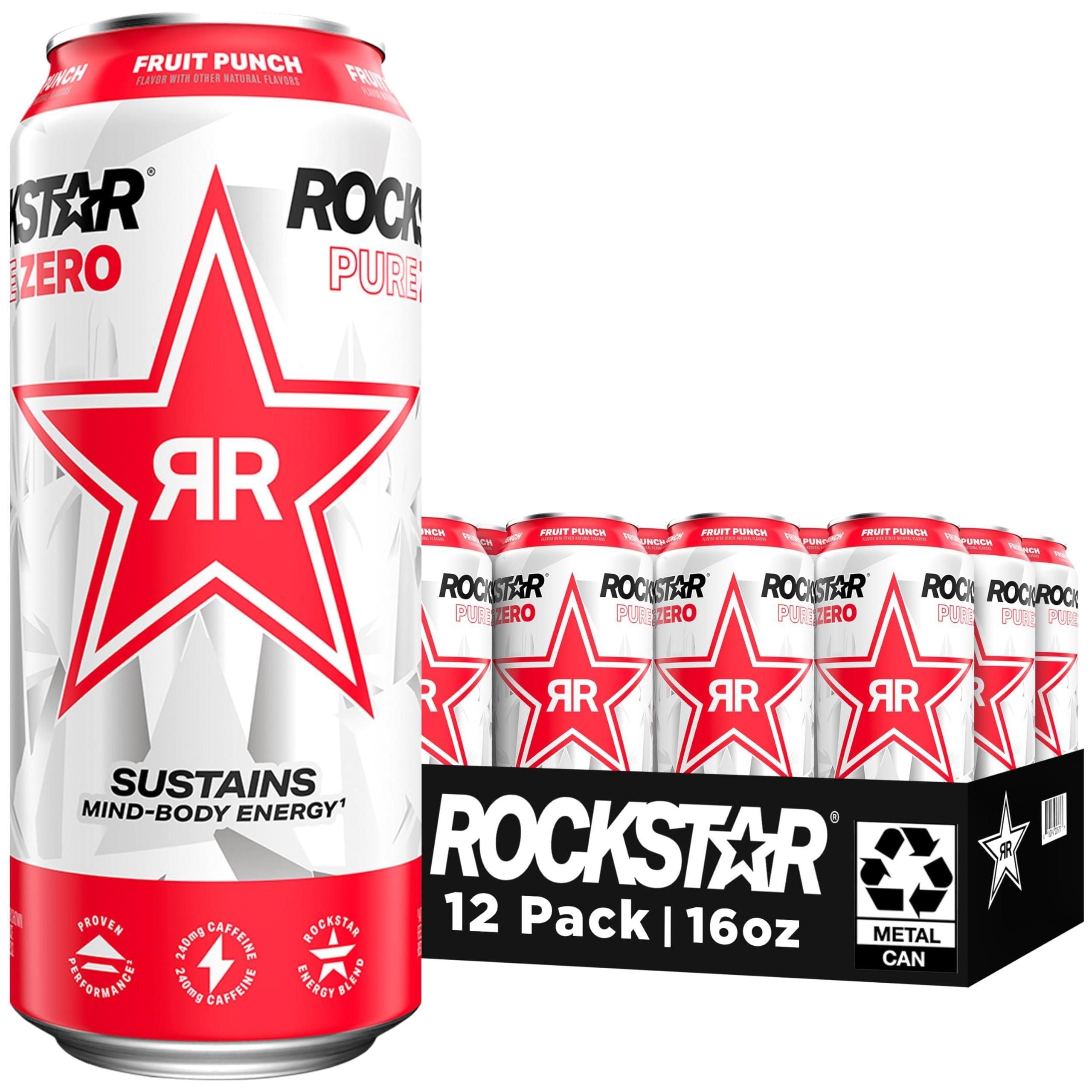 Rockstar Pure Zero Fruit Punch Energy Drink, 0 Sugar, with Caffeine & Taurine, 16oz Cans (12 Pack) (Packaging Varies) - Rockstar