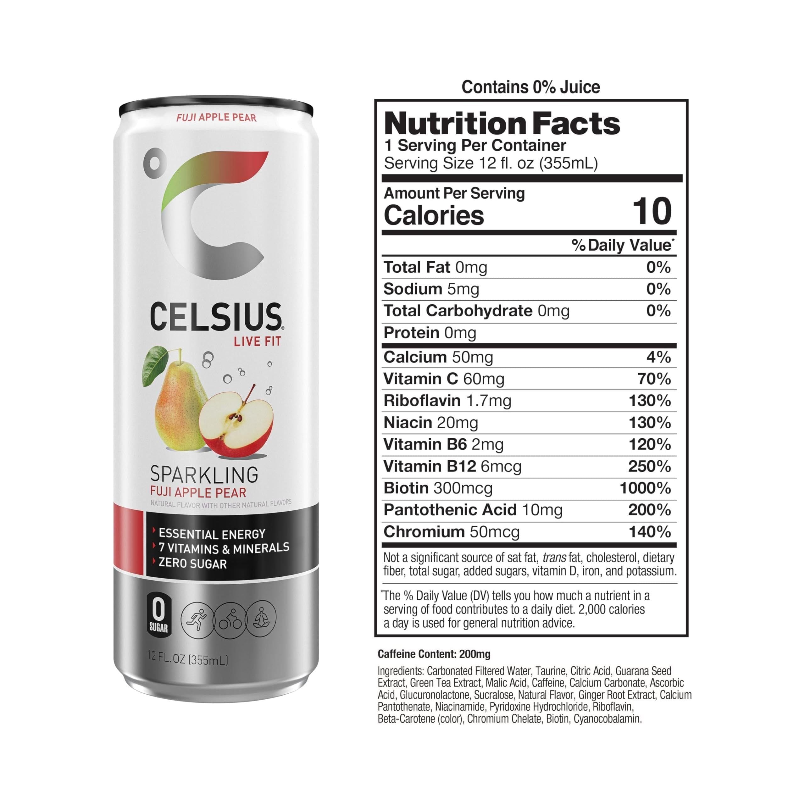 CELSIUS Sparkling Fuji Apple Pear Energy Drink 12oz (Pack of 12) - Essential Energy, 7 Vitamins, Zero Sugar, Vegan, Gluten-Free - Celsius