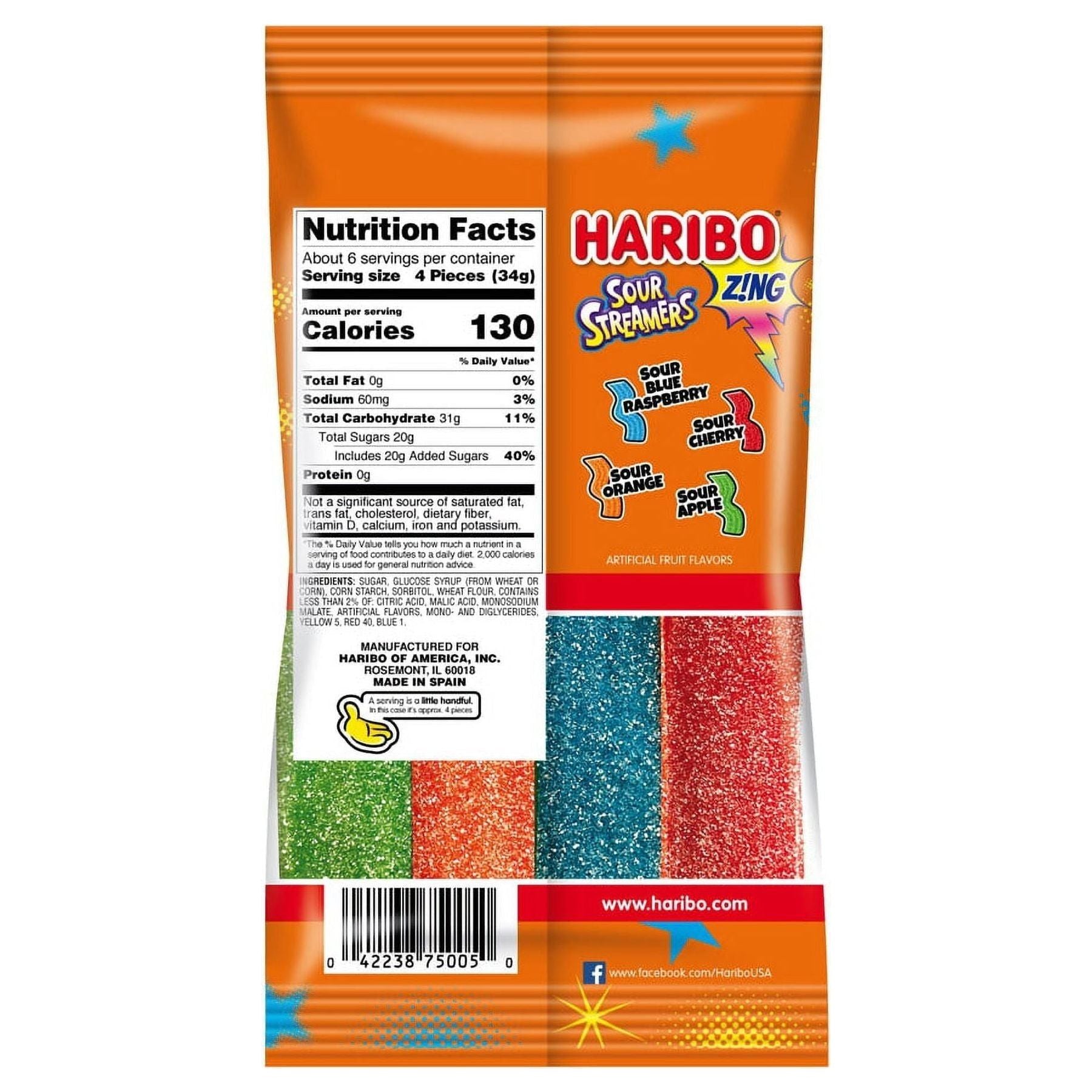 HARIBO Sour Streamers Gummy Candy, Thin, Pack of 1, 7.2 oz Per Bag - Haribo