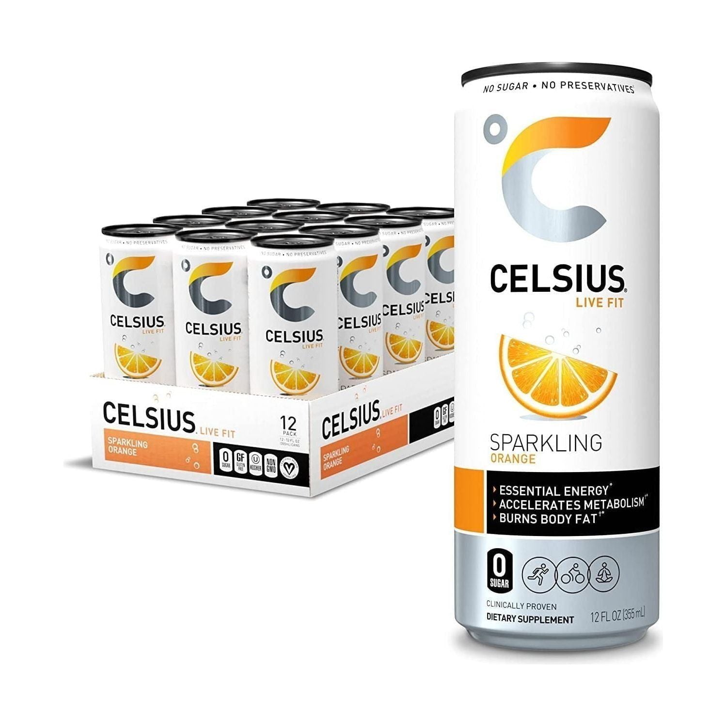 CELSIUS Sparkling Orange Energy Drink - 12 Pack of 12 oz Cans - Essential Energy Boost - Celsius
