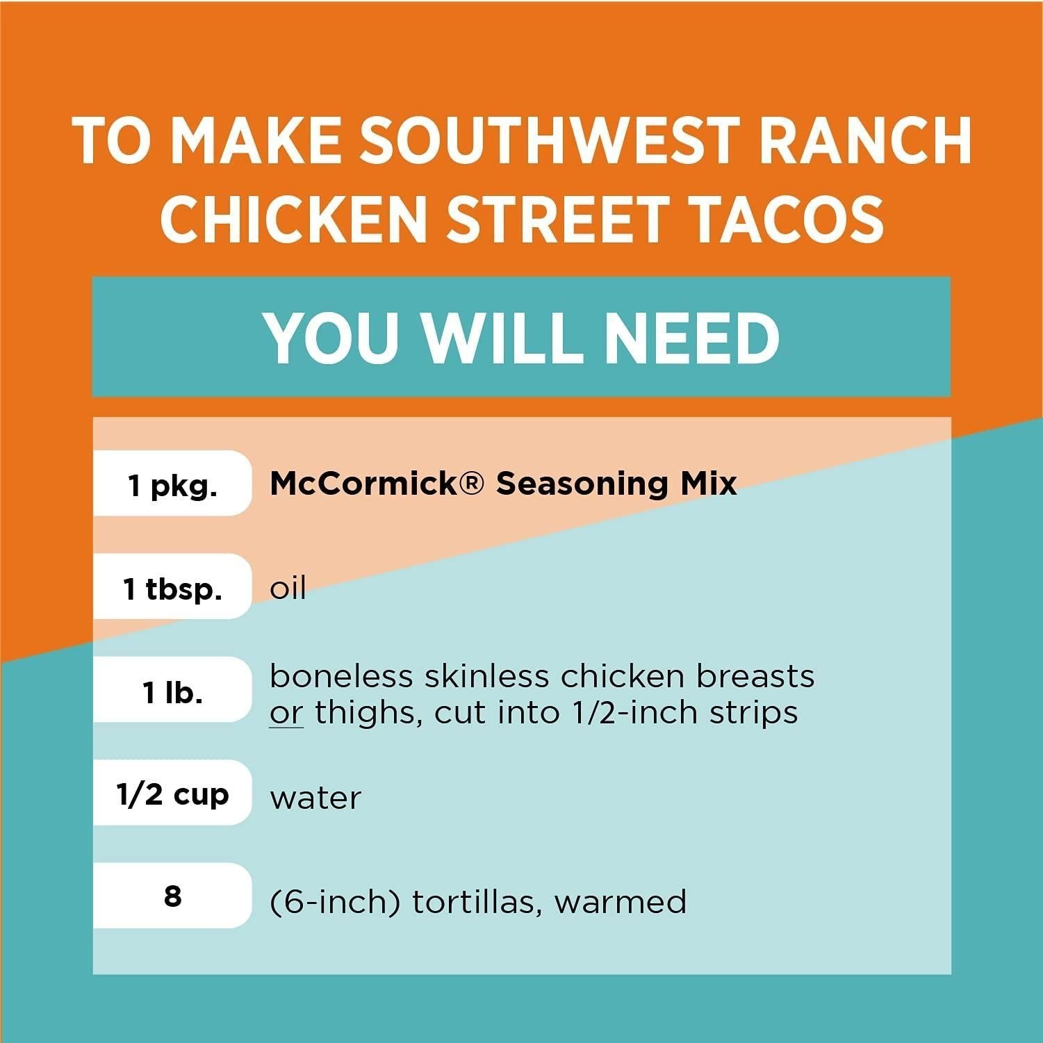 Southwest Ranch Chicken Seasoning Mix for Tacos, 0.87 oz (12 Pack) - McCormick - McCormick