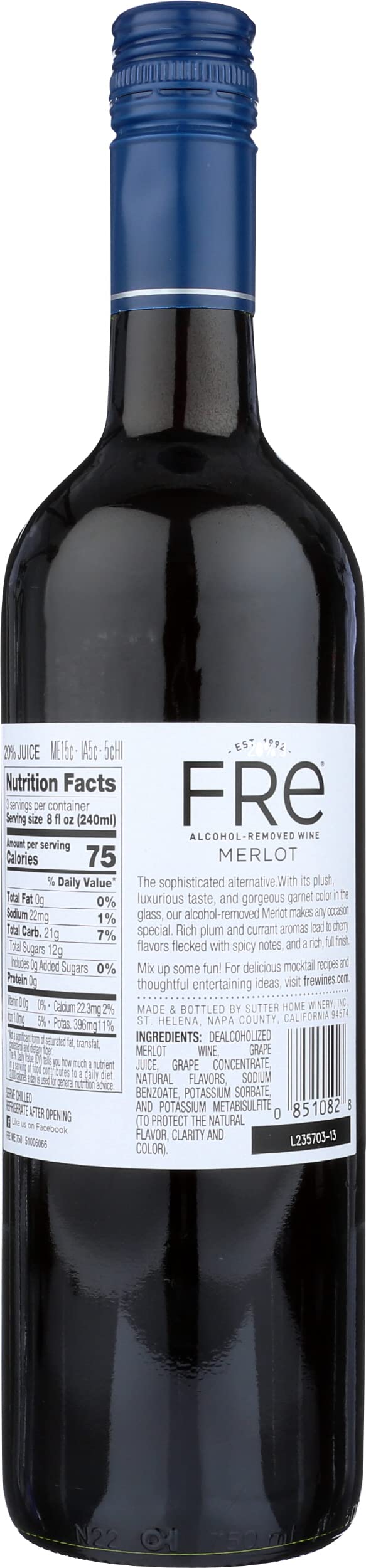 FRE Merlot Alcohol-Removed Non-Alcoholic Red Wine California Vineyards, 750 mL, 1 Bottle