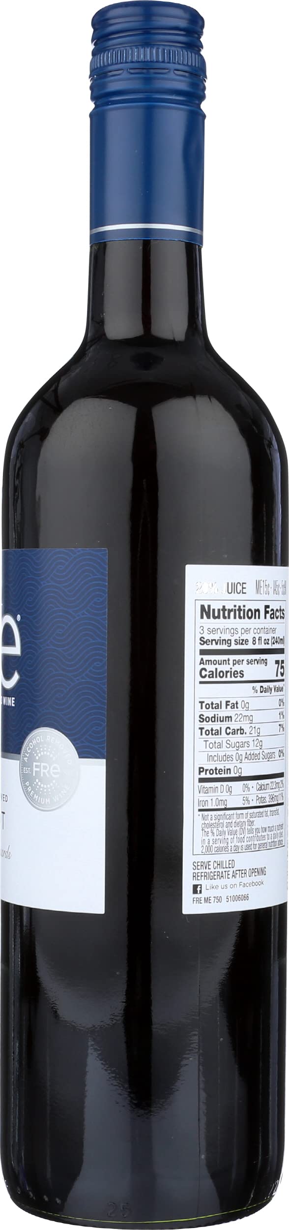 FRE Merlot Alcohol-Removed Non-Alcoholic Red Wine California Vineyards, 750 mL, 1 Bottle