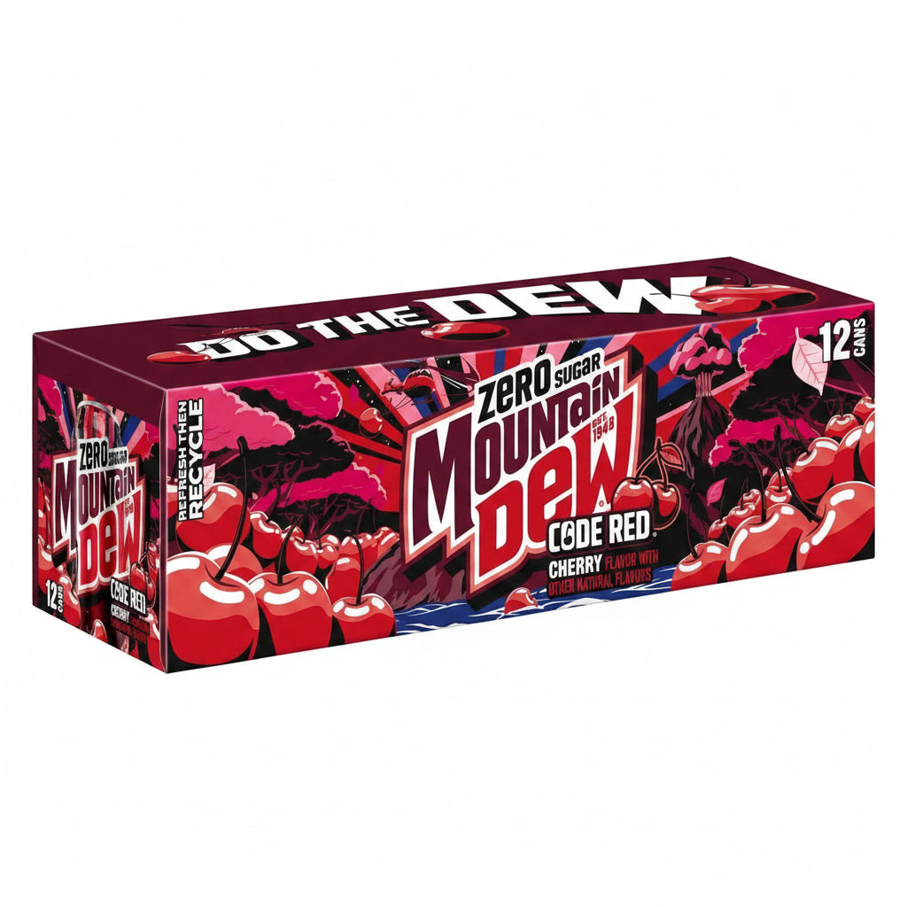 Box of Zero Sugar Mountain Dew Code Red Cherry drinks with red cherries and black text on a white background.