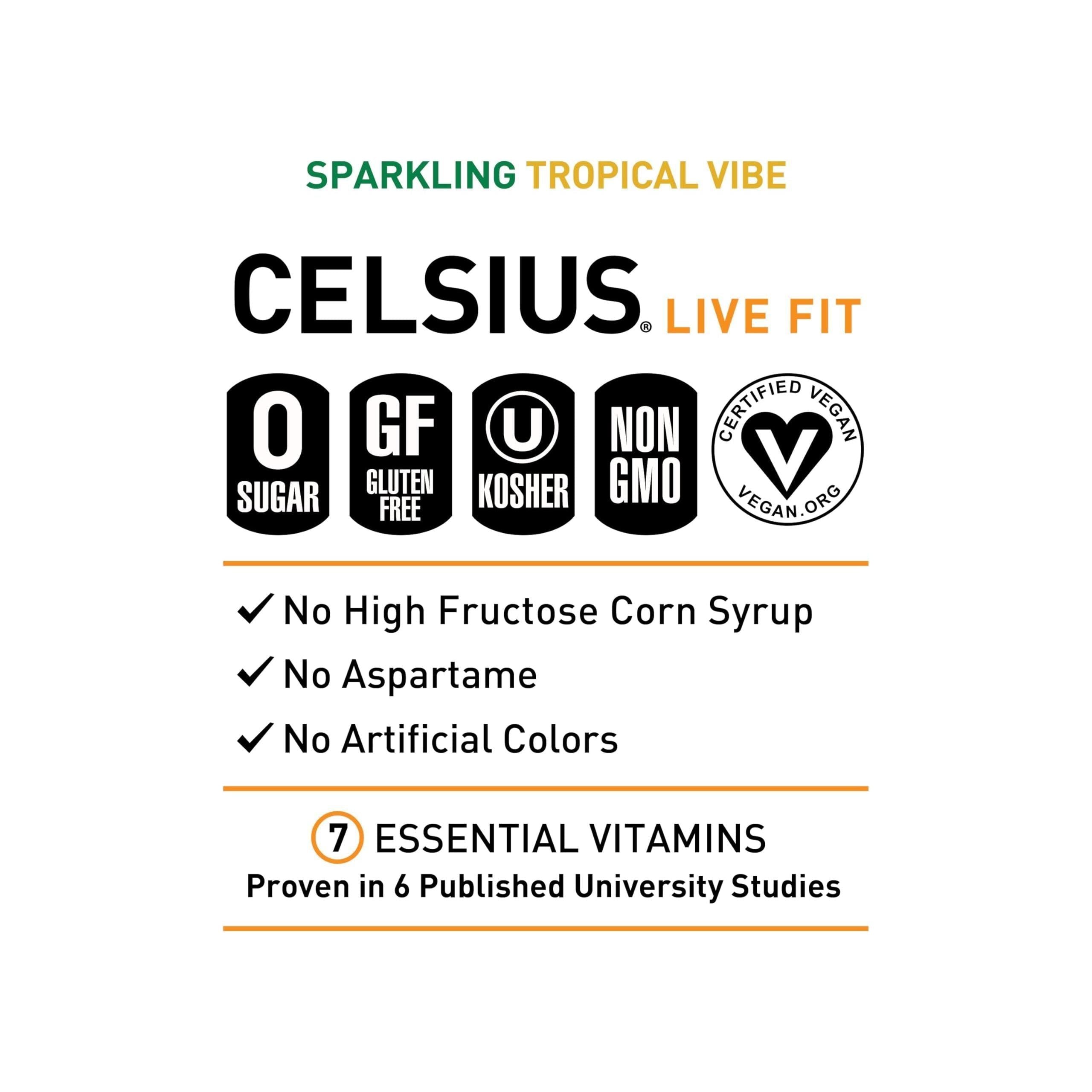 CELSIUS Tropical Vibe Sparkling Energy Drink, Essential Functional Beverage 12 Fl Oz (Pack of 12) - Celsius