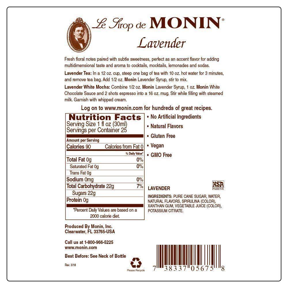 Monin - Lavender Syrup, Aromatic and Floral, Natural Flavors, Great for Cocktails, Lemonades, and Sodas, Non-GMO, Gluten-Free (750 ml) - Monin