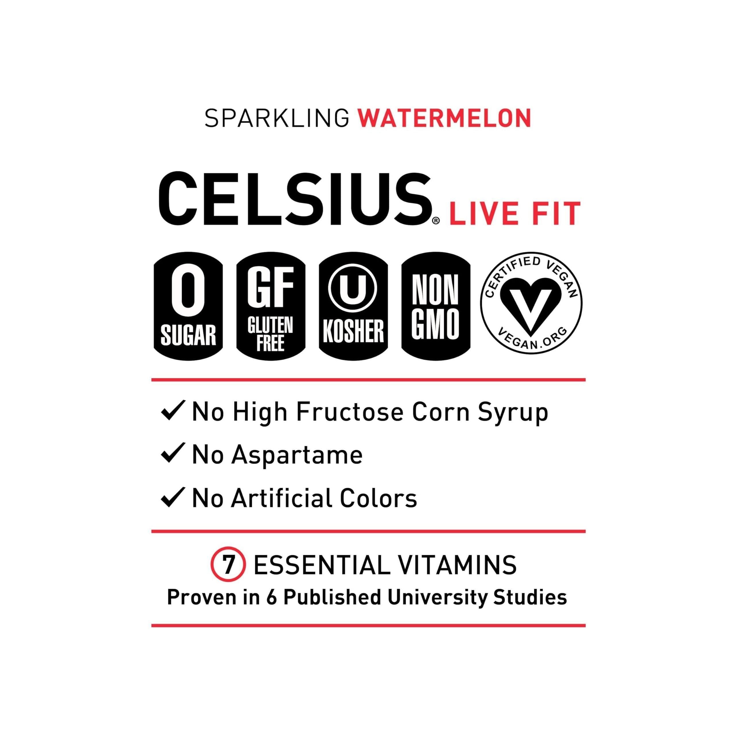 CELSIUS Sparkling Watermelon Energy Drink, 12 Fl Oz, 12-Pack – Essential, Zero Sugar, Vegan & Gluten-Free - Celsius