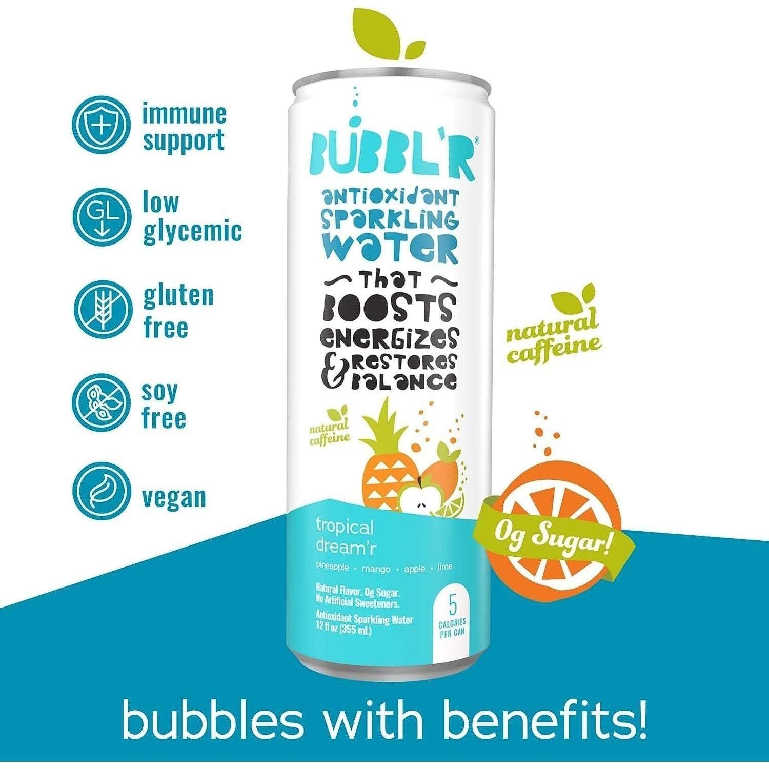 BUBBL'R tropical dream'r, Antioxidant Sparkling Water, 12 Fl Oz Cans, 12 Count - Bubbl'r