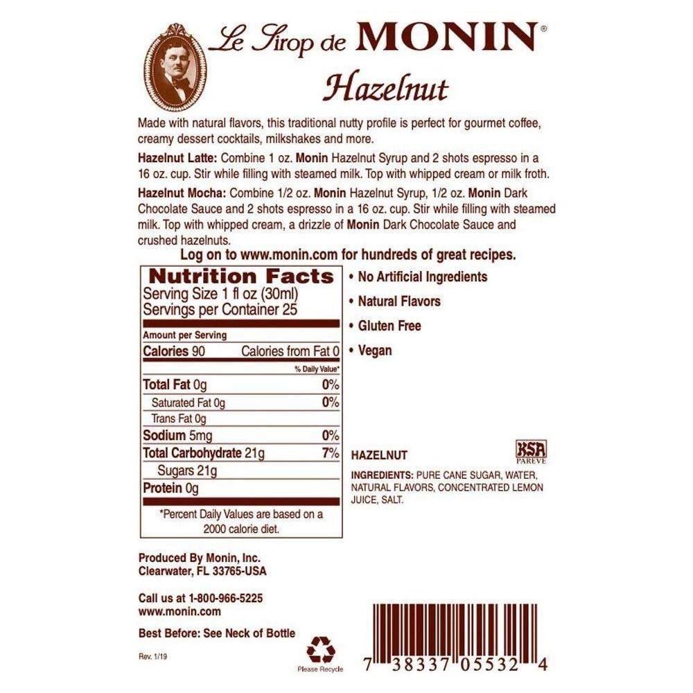 Monin - Hazelnut Syrup, Nutty Taste Of Caramelized Hazelnut, Natural Flavors, Great For Mochas, Lattes, Smoothies, Shakes, And Cocktails, Non-Gmo, Gluten-Free (750 Ml) - Monin