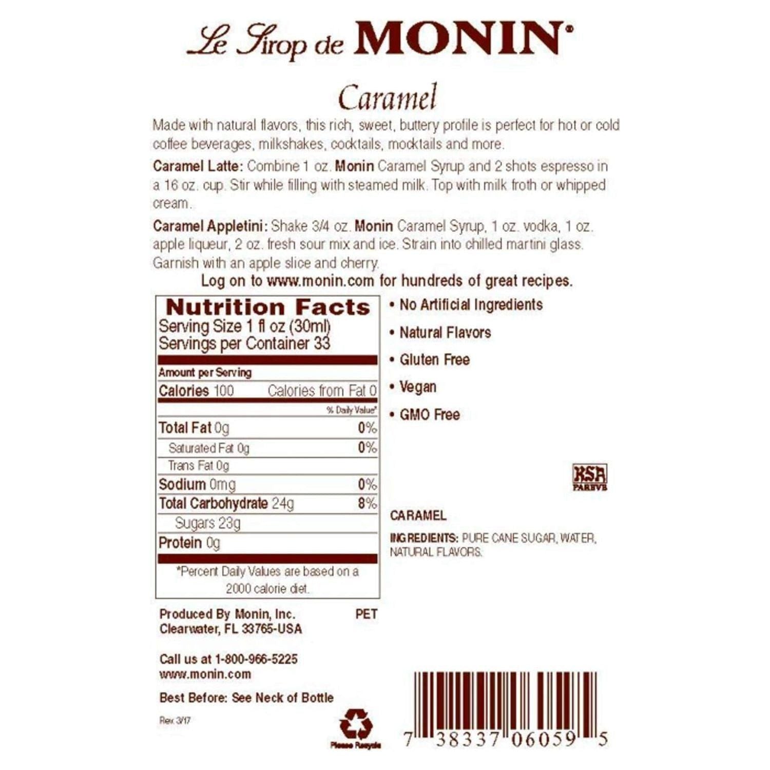 Monin - Caramel Syrup, Rich and Buttery, Great for Desserts, Coffee, and Cocktails, Gluten-Free, Non-GMO (1 Liter) - Monin