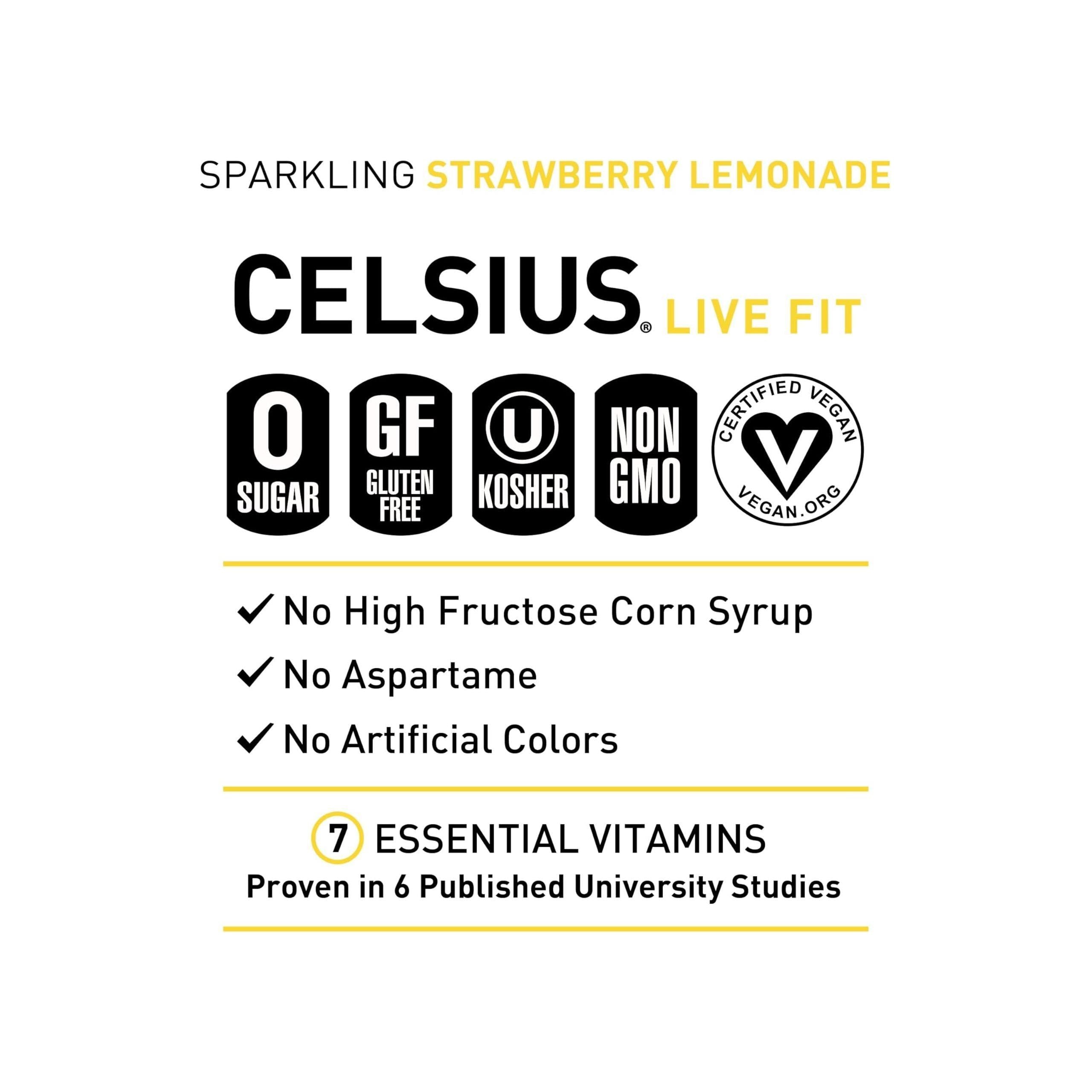 CELSIUS Sparkling Strawberry Lemonade, Essential Energy Drink, 12oz Cans, Pack of 12 - Zero Sugar, Vegan, Gluten-Free, Kosher - Celsius