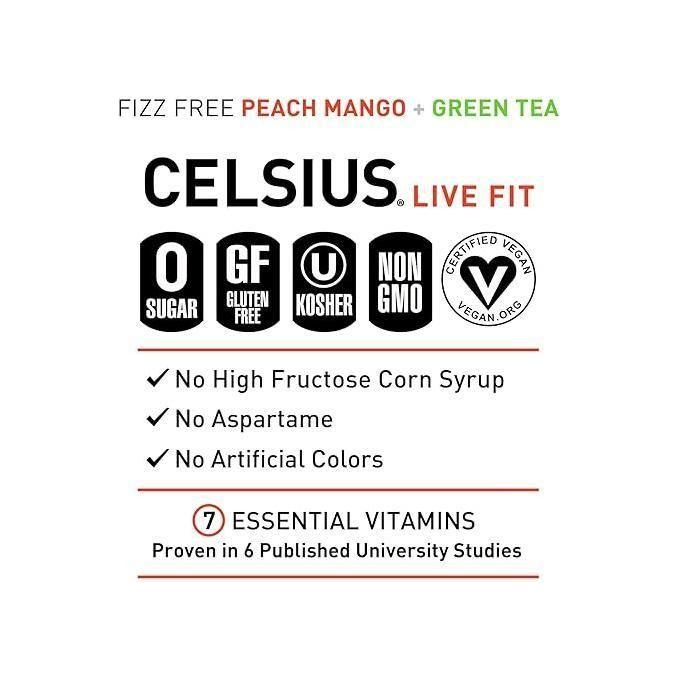 Celsius Essential Energy Peach Mango Green Tea - 12 Cans for Hydration & Focus - Celsius