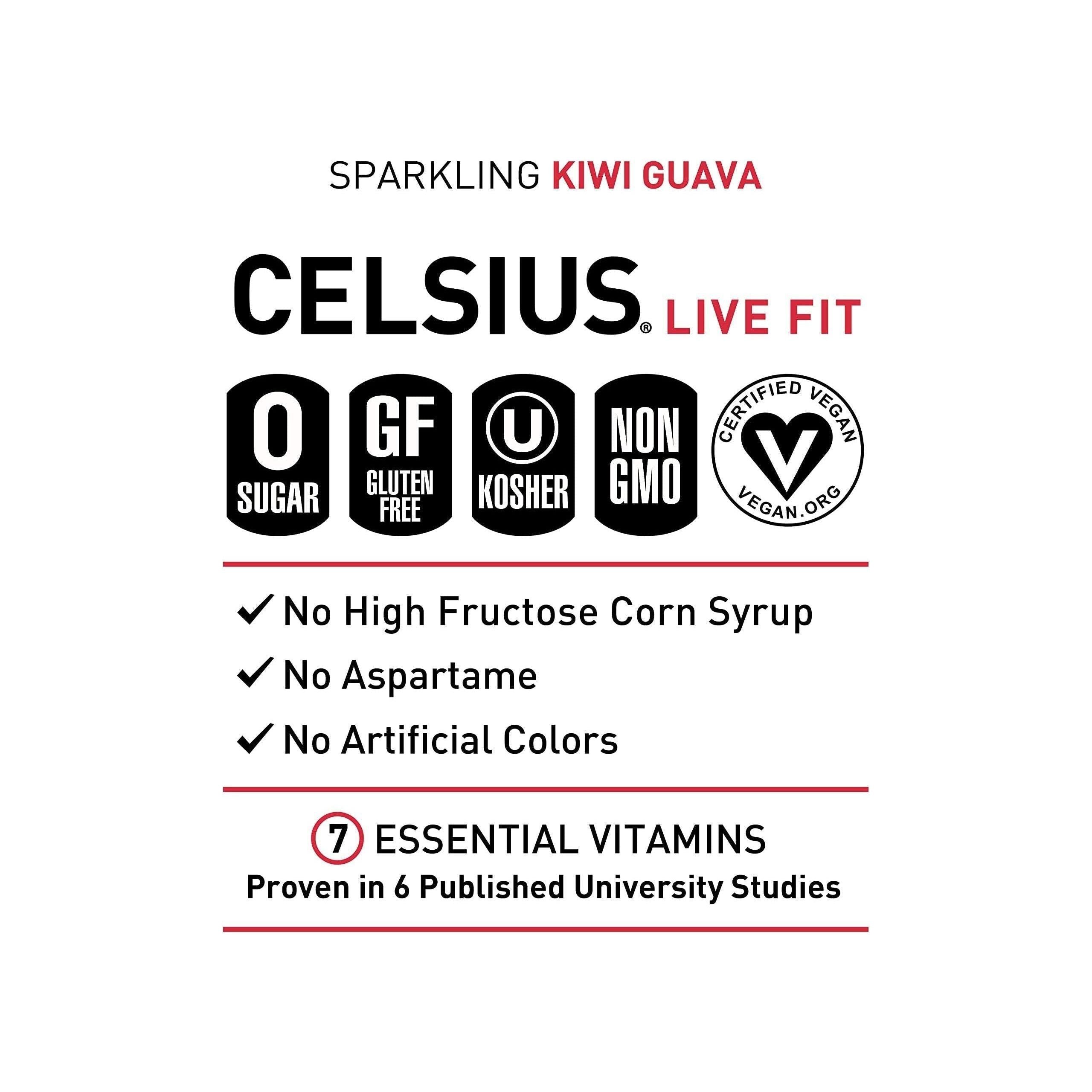 CELSIUS Sparkling Kiwi Guava, Essential Energy Drink, 12 Fl Oz Cans (Pack of 4) - Zero Sugar, Gluten-Free, Vegan, Non-GMO - Celsius