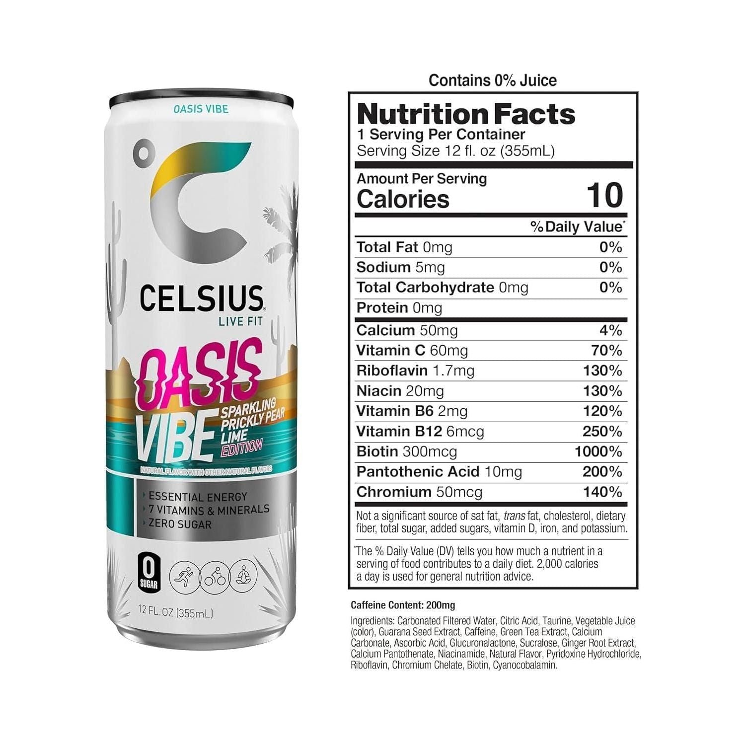 CELSIUS Sparkling Oasis Vibe Energy Drink, 12 Fl Oz Cans, Pack of 12 – Essential, Functional Energy with 7 Vitamins, Zero Sugar, Non-GMO, Vegan - Celsius
