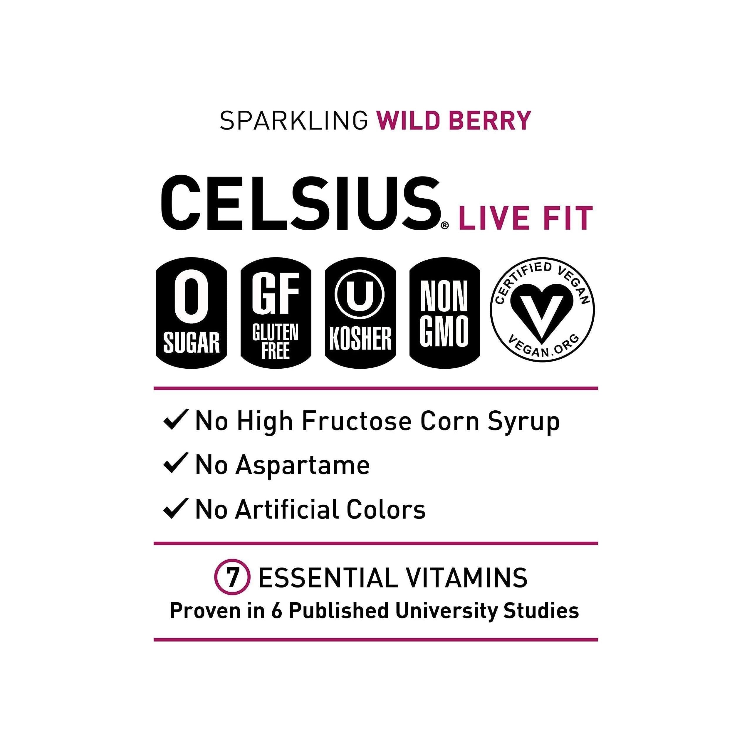 CELSIUS Sparkling Wild Berry Energy Drink, 12 Fl Oz Cans, 4 Pack - Essential Energy, Zero Sugar, Vegan, Non-GMO, Gluten-Free - Celsius