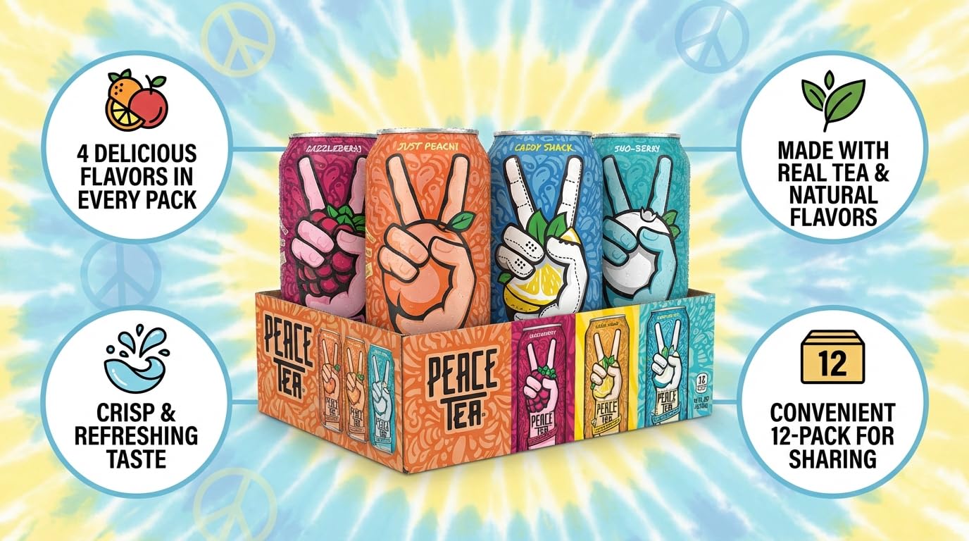 Peace Tea 16 oz 12-Pack Variety – Caddy Shack, Just Peachy, Razzleberry & Sno-Berry – Ready-to-Drink Iced Tea Beverage Assortment – Bold Fruit Flavored Tea Drinks - Peace Tea
