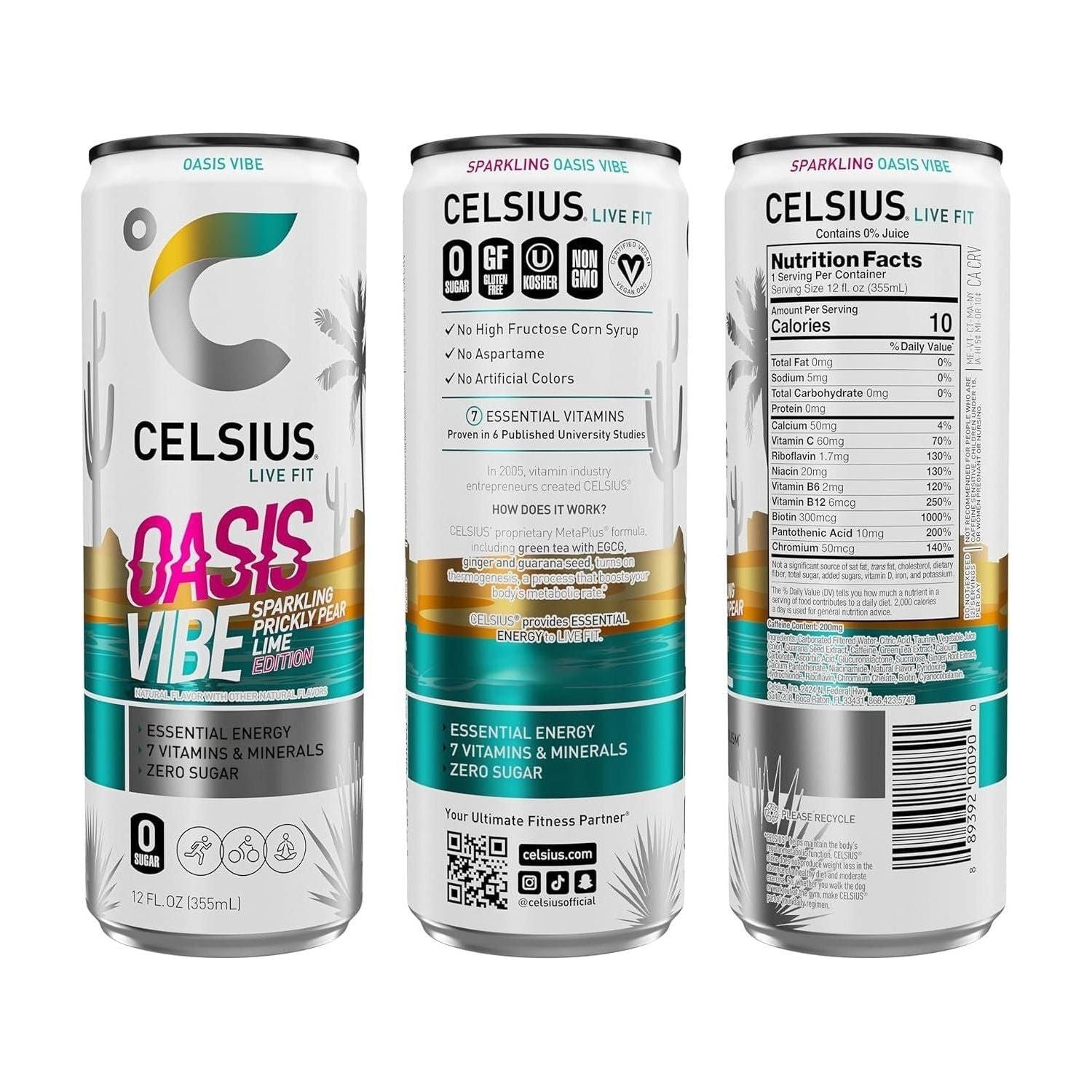 CELSIUS Sparkling Oasis Vibe Energy Drink, 12 Fl Oz Cans, Pack of 12 – Essential, Functional Energy with 7 Vitamins, Zero Sugar, Non-GMO, Vegan - Celsius