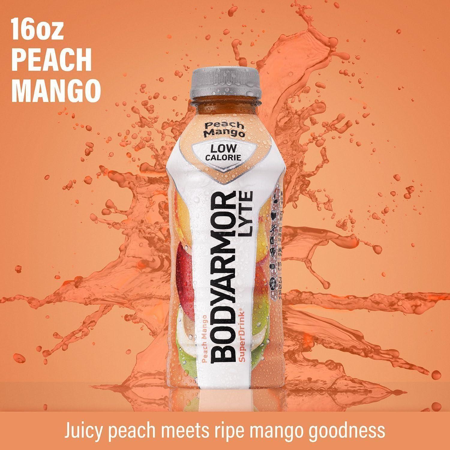 BODYARMOR LYTE Peach Mango Sports Drink, Coconut Water Infused Hydration, 16 Fl Oz (12-Pack) - BODYARMOR