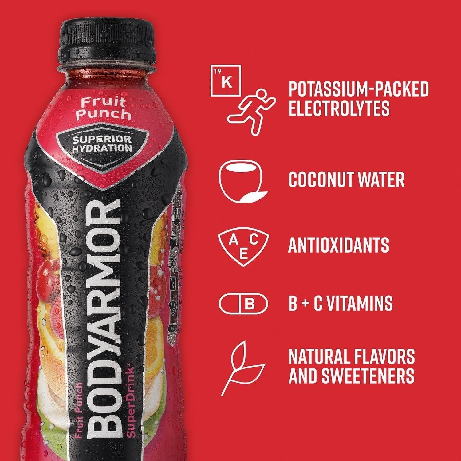 BODYARMOR Fruit Punch Sports Drink - Hydrating Beverage with Electrolytes, 16 Fl Oz (Pack of 12) - BODYARMOR