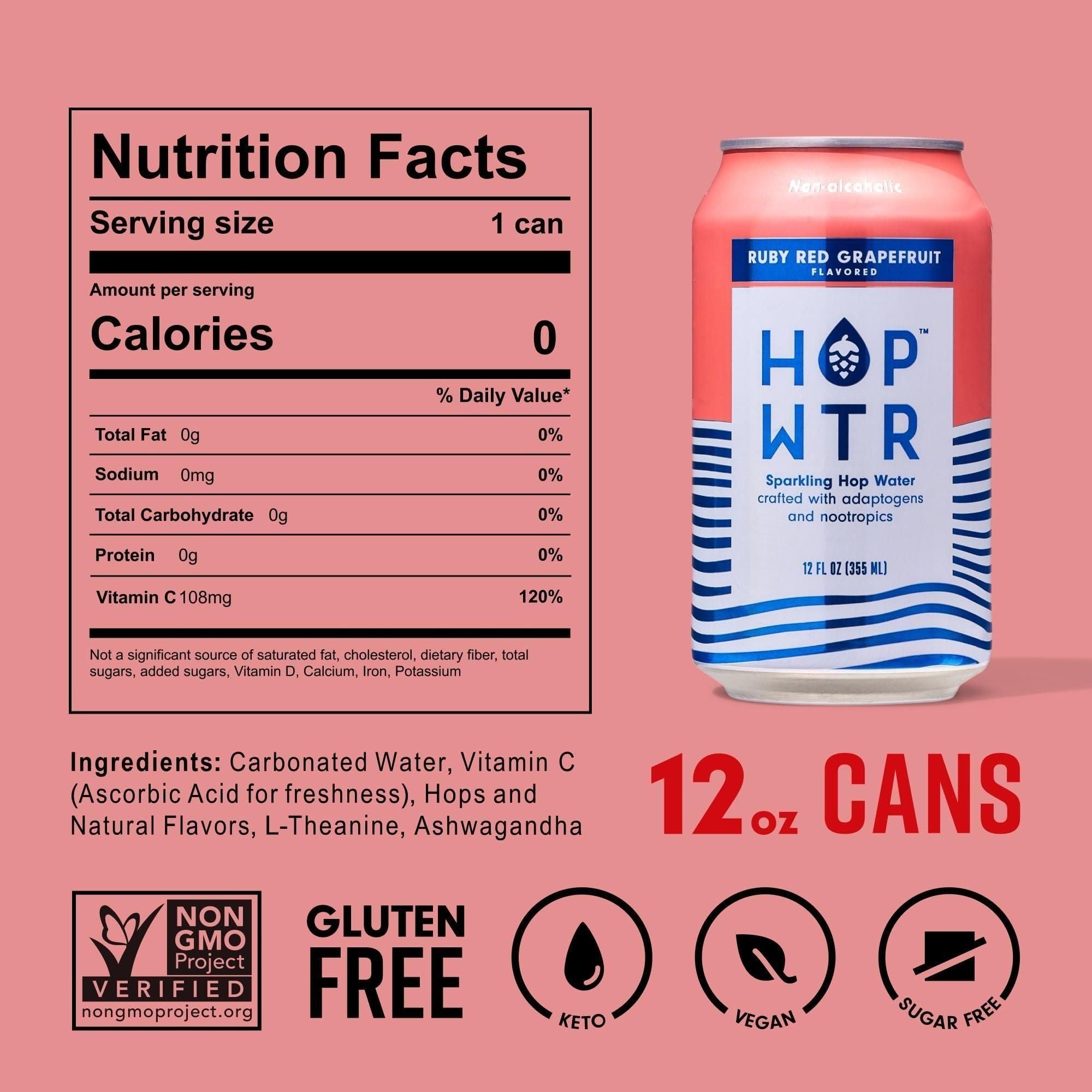 HOP WTR Sparkling Ruby Red Grapefruit - 12oz Cans, 12 Pack - HOP WTR
