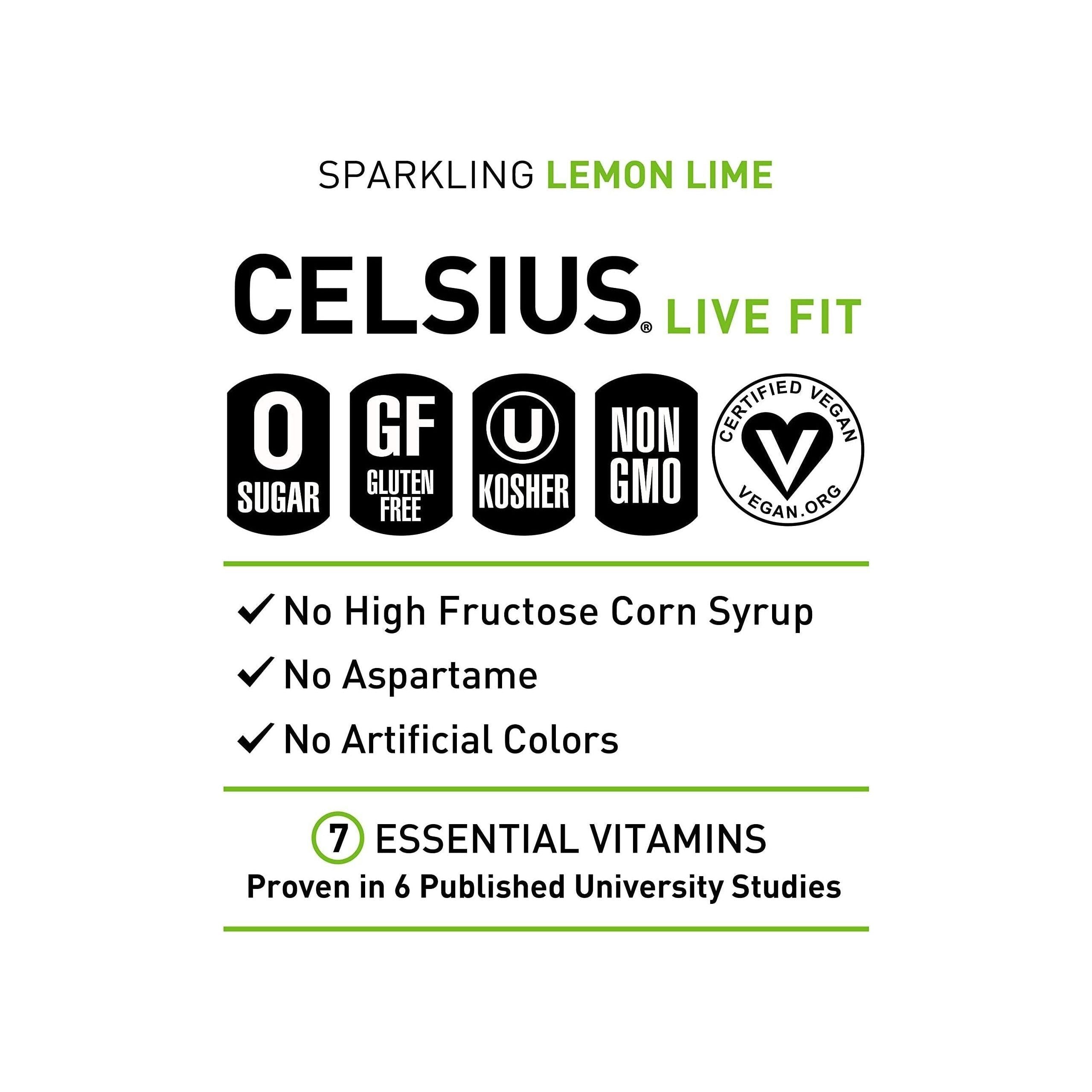CELSIUS Sparkling Lemon Lime Energy Drink, 12 Fl Oz Cans, Pack of 24 - Zero Sugar, Essential Vitamins, Vegan, Gluten-Free - Celsius