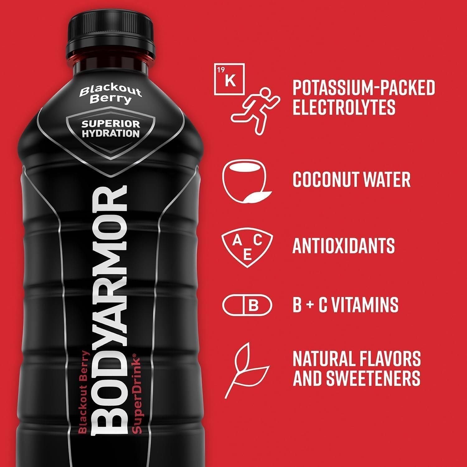 BODYARMOR Hydrating Sports Drink - Blackout Berry Flavor with Coconut Water, 28 Fl Oz (Pack of 12) - BODYARMOR