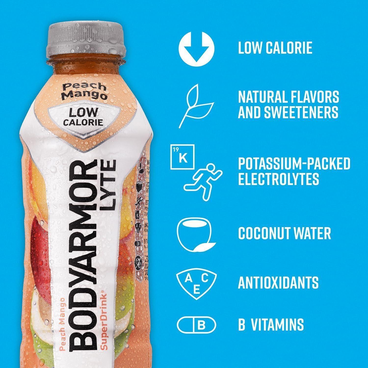 BODYARMOR LYTE Peach Mango Sports Drink, Coconut Water Infused Hydration, 16 Fl Oz (12-Pack) - BODYARMOR