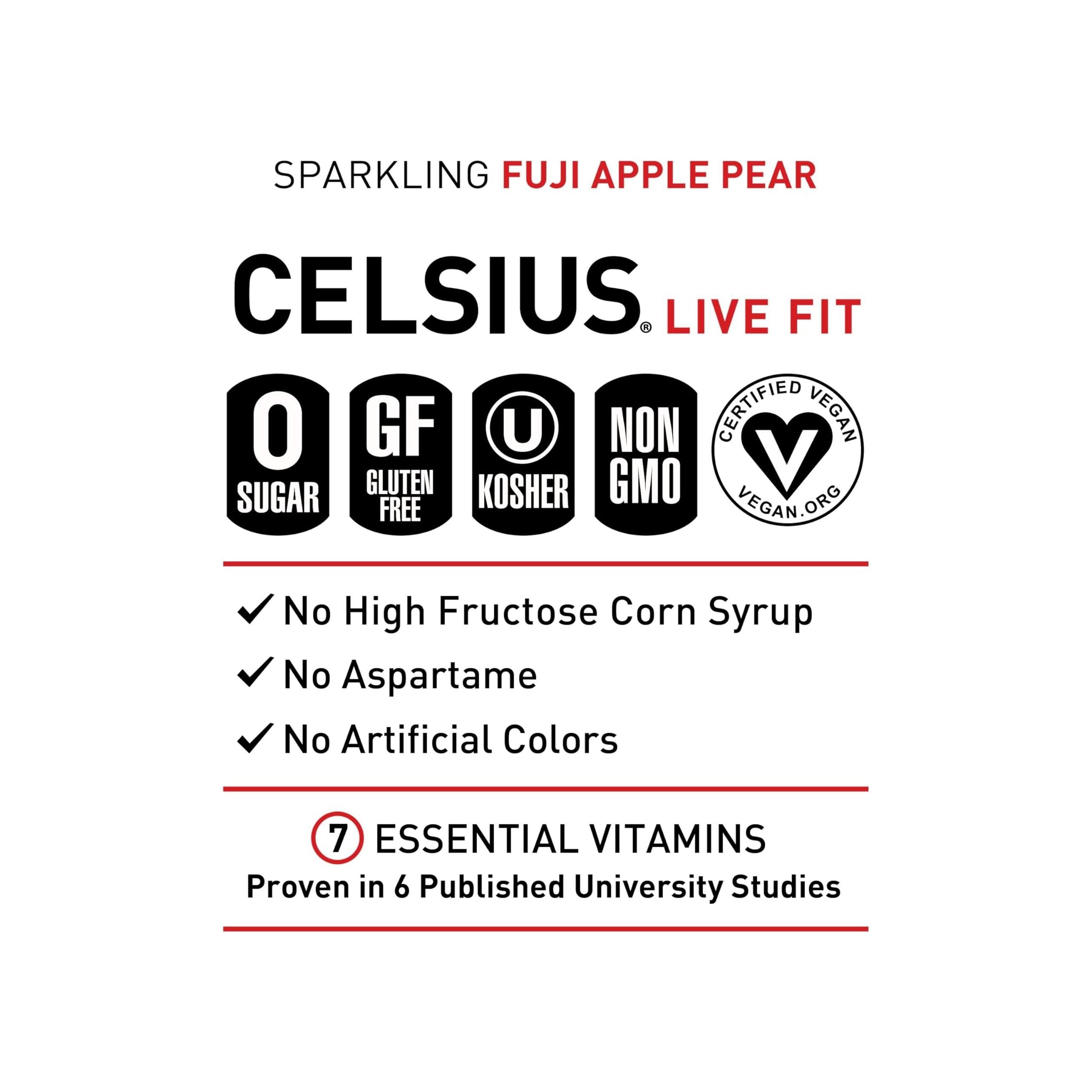 CELSIUS Sparkling Fuji Apple Pear Energy Drink 12oz (Pack of 12) - Essential Energy, 7 Vitamins, Zero Sugar, Vegan, Gluten-Free - Celsius