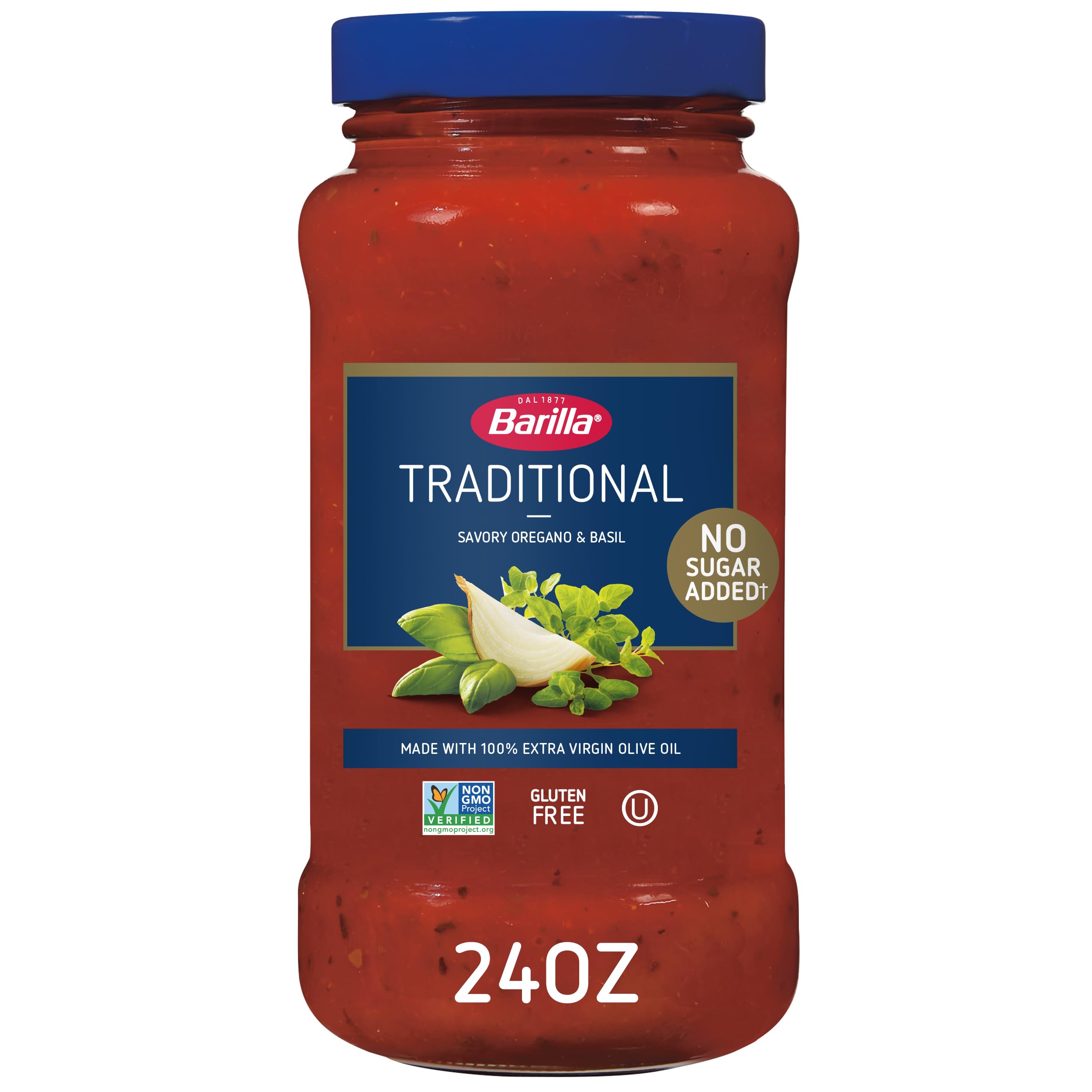 (8 PACK) BARILLA Premium Pasta Sauce Traditional, 24 Ounce Jar - NO ADDED SUGAR - Made with 100% Extra Virgin Olive Oil - No Artificial Colors, Flavors or Preservatives - Non-GMO, Gluten Free, Kosher - Barilla