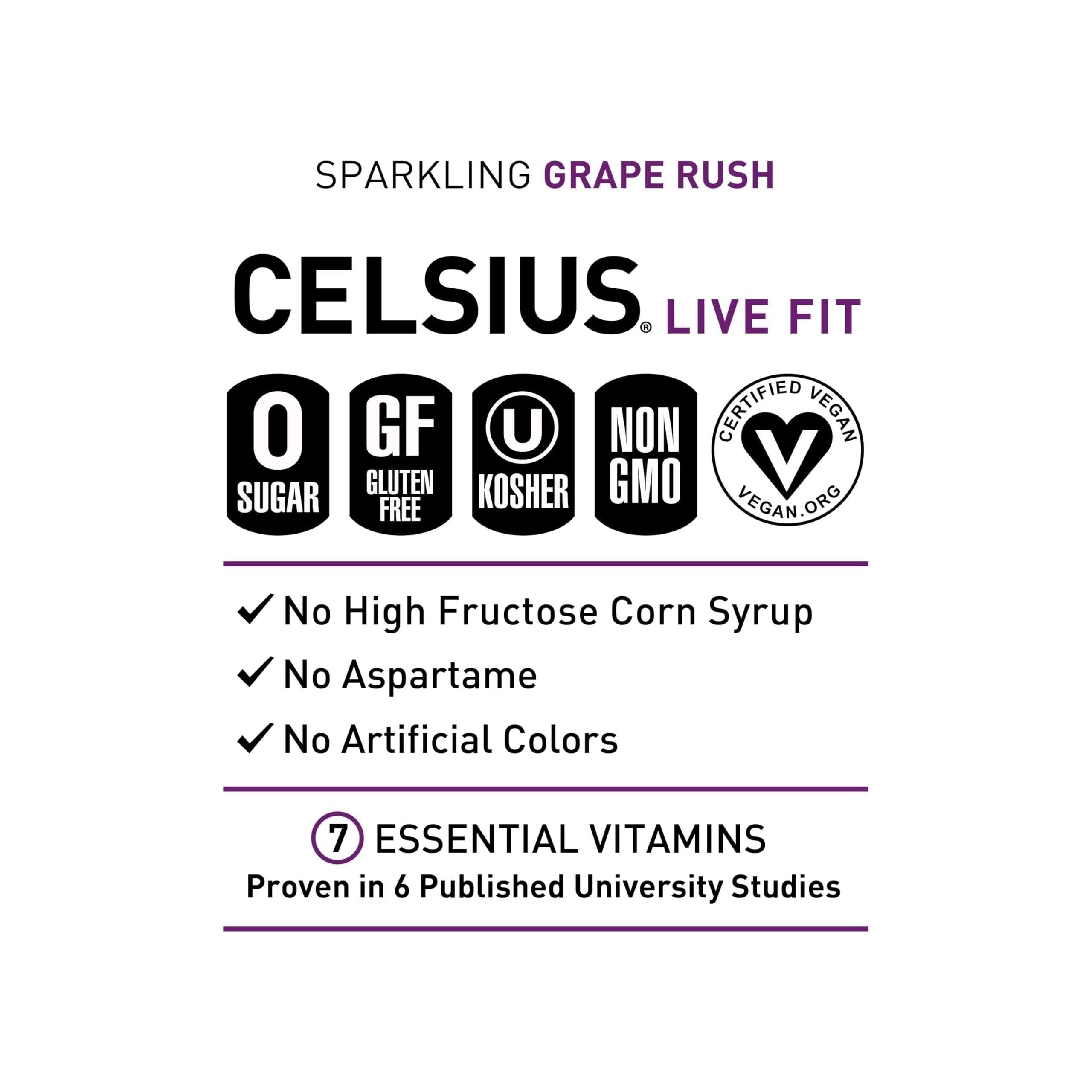 CELSIUS Sparkling Grape Rush Energy Drink, 12 Fl Oz Cans (Pack of 12) - Essential Energy, Zero Sugar, 7 Vitamins, Vegan, Non-GMO - Celsius