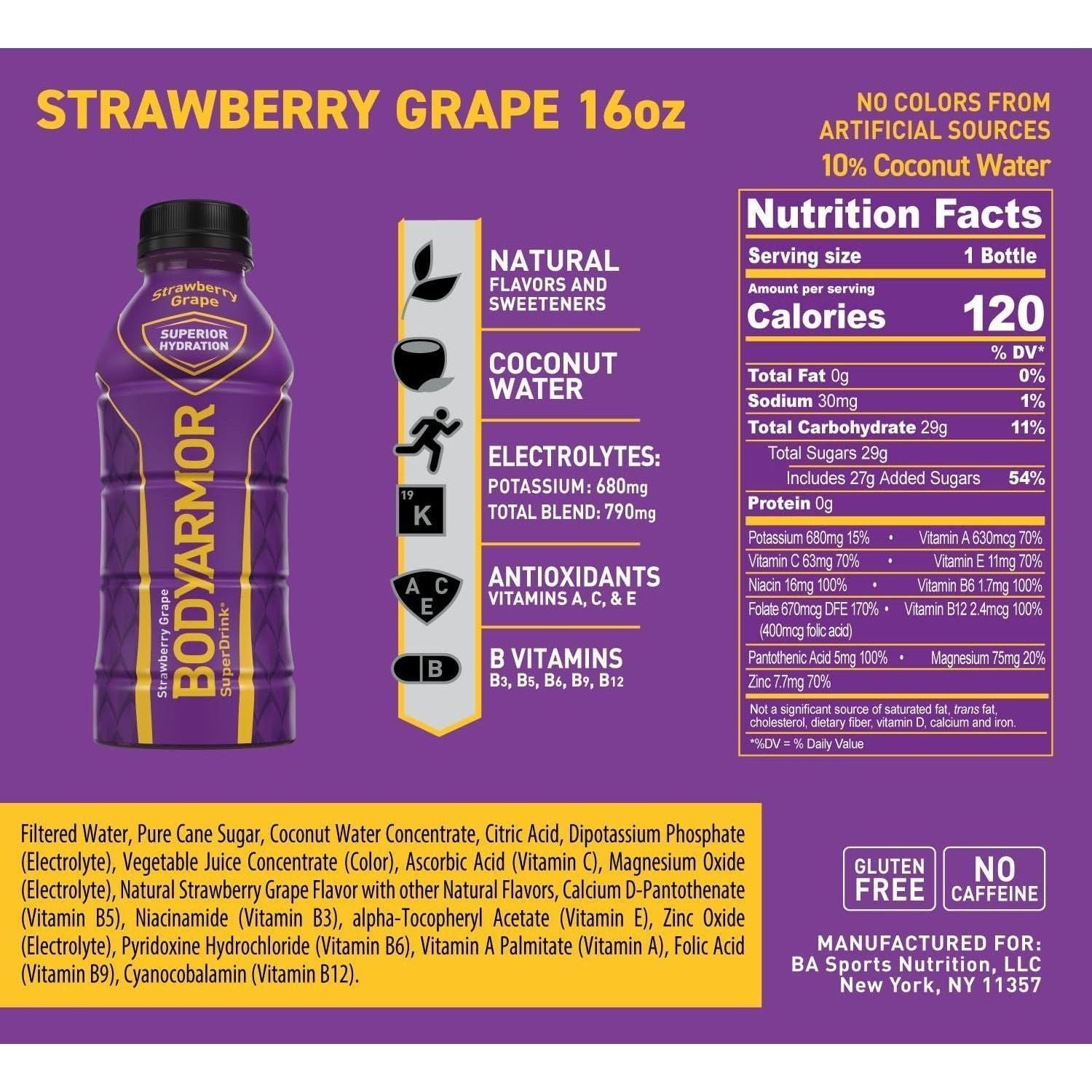 BODYARMOR Strawberry Grape Sports Drink, 16 Fl Oz - 12 Pack of Superior Hydration - BODYARMOR
