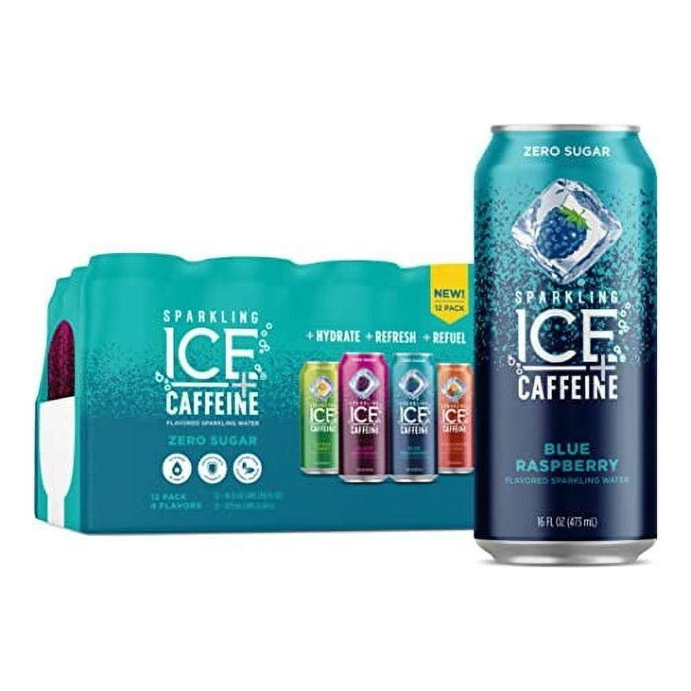 Energizing Sparkling Ice +Caffeine Mixed Flavor Pack - Black Raspberry, Blue Raspberry, Strawberry Citrus, Citrus Twist (12 x 16oz Cans) - Sparkling Ice