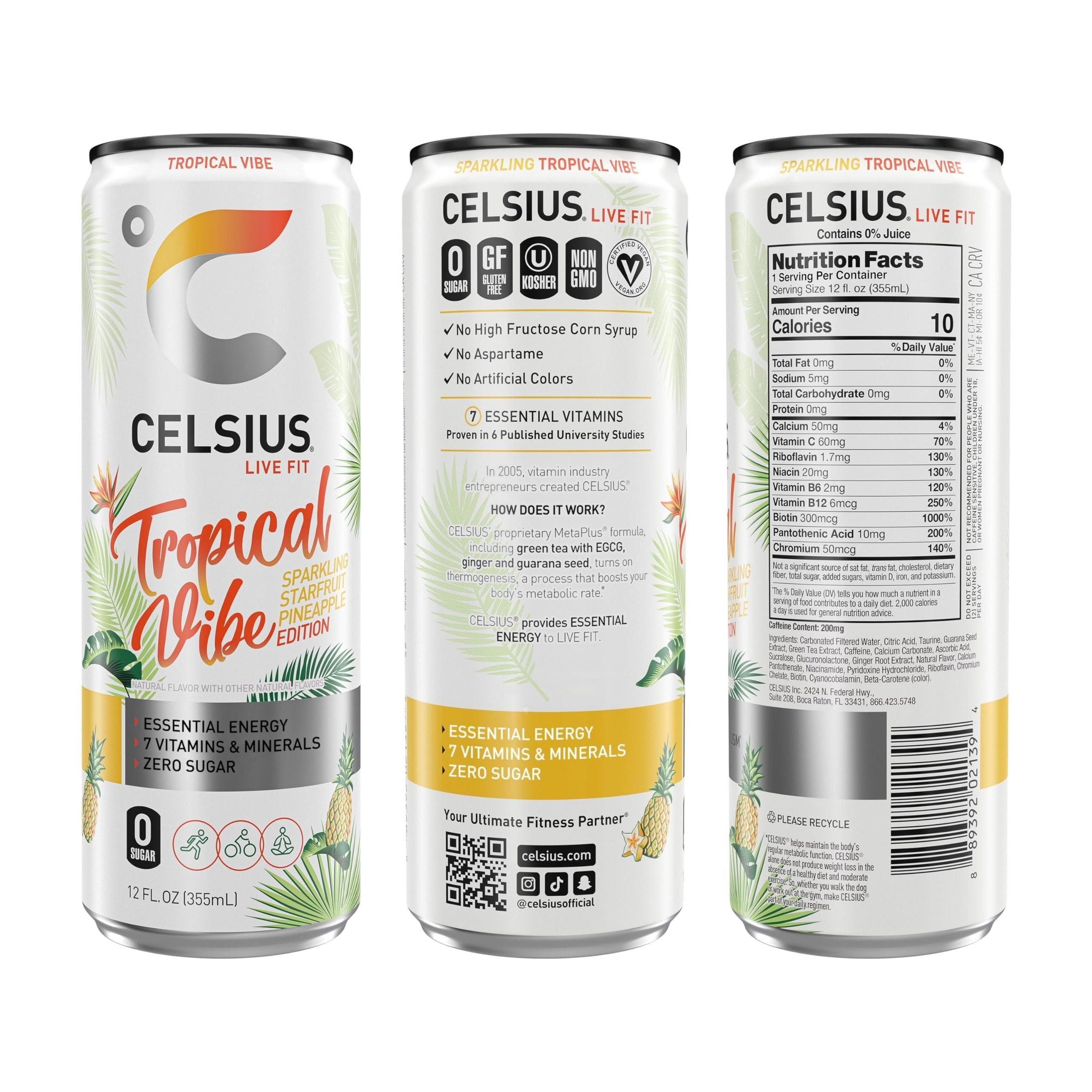 CELSIUS Tropical Vibe Sparkling Energy Drink, Essential Functional Beverage 12 Fl Oz (Pack of 12) - Celsius