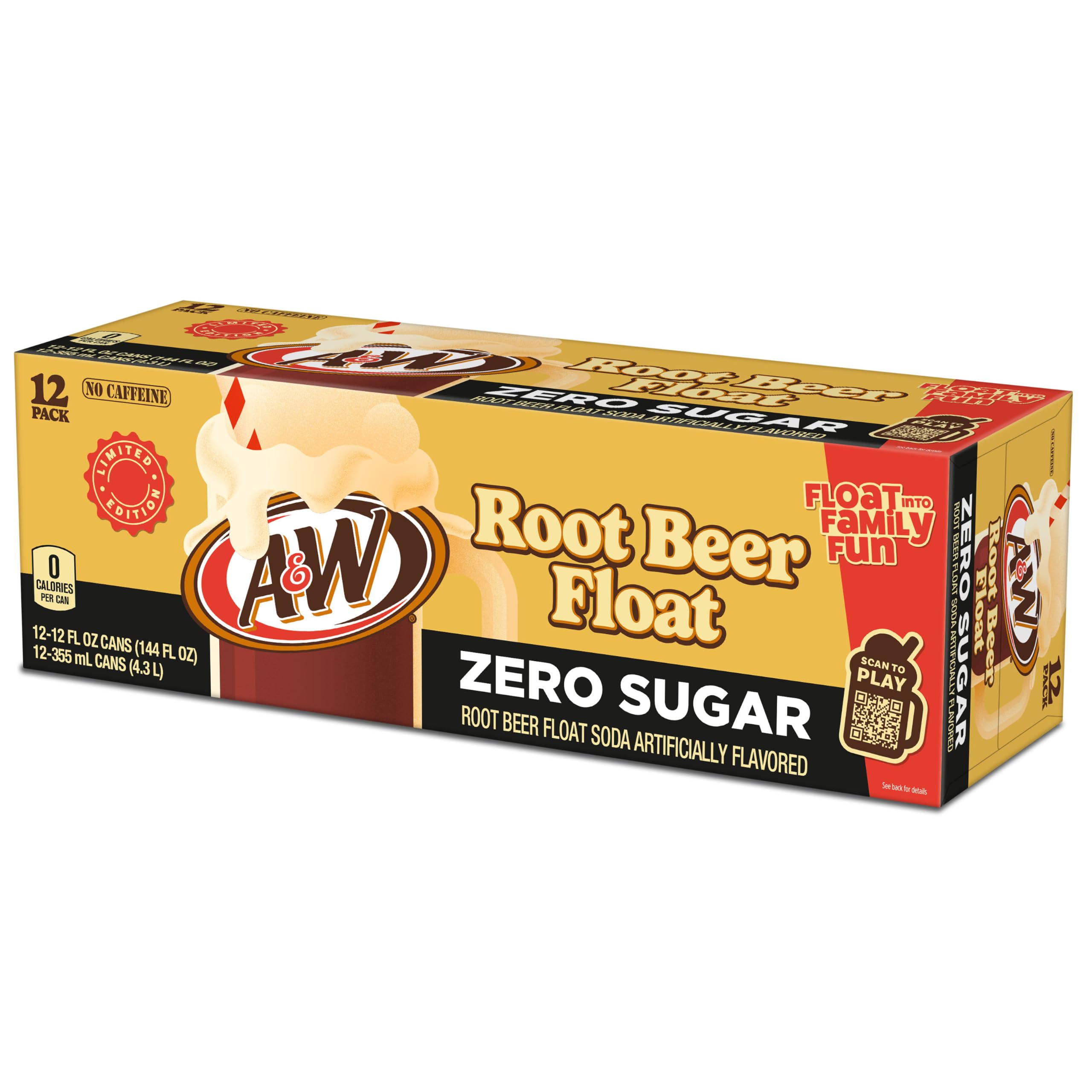 A&W Root Beer Float Zero Sugar Soda, 12 fl oz, 24 Cans