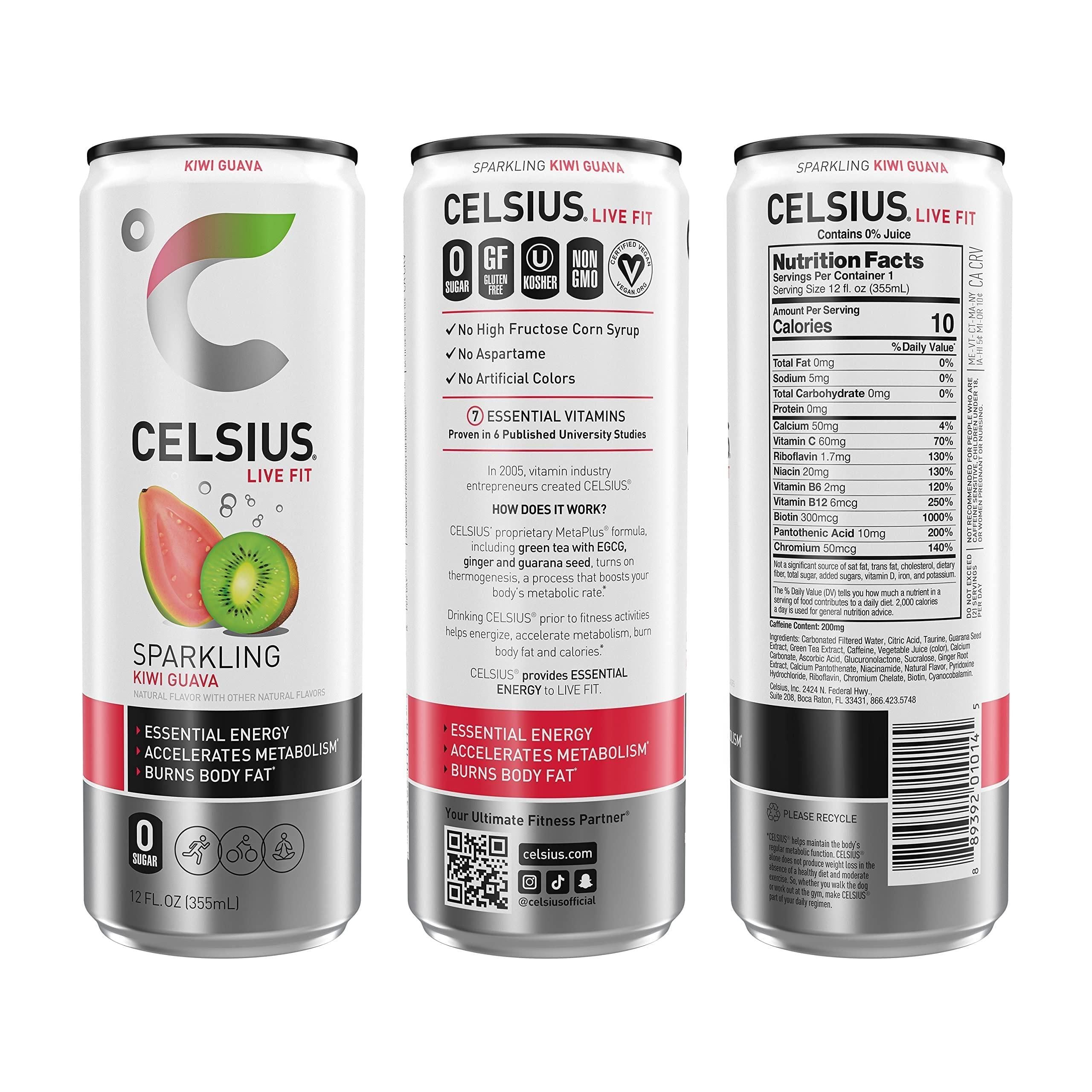 CELSIUS Sparkling Kiwi Guava Energy Drink, 12 Fl Oz (Pack of 24) – Zero Sugar, Vegan, Gluten-Free, Essential Energy with 200mg Caffeine - Celsius