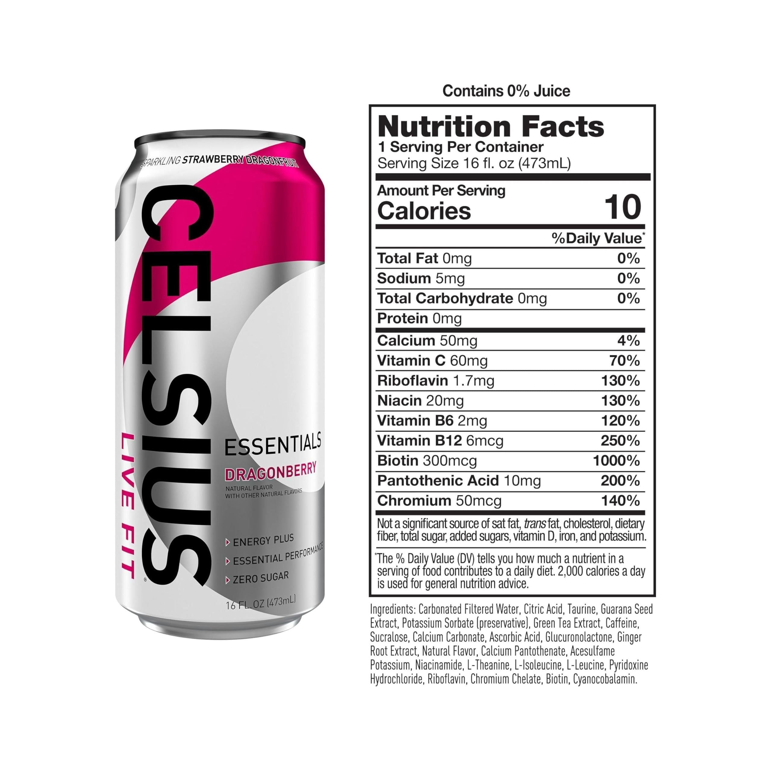 CELSIUS ESSENTIALS Performance Energy Drink, Sparkling Dragonberry, 16 Fl Oz (Pack of 12) - Celsius