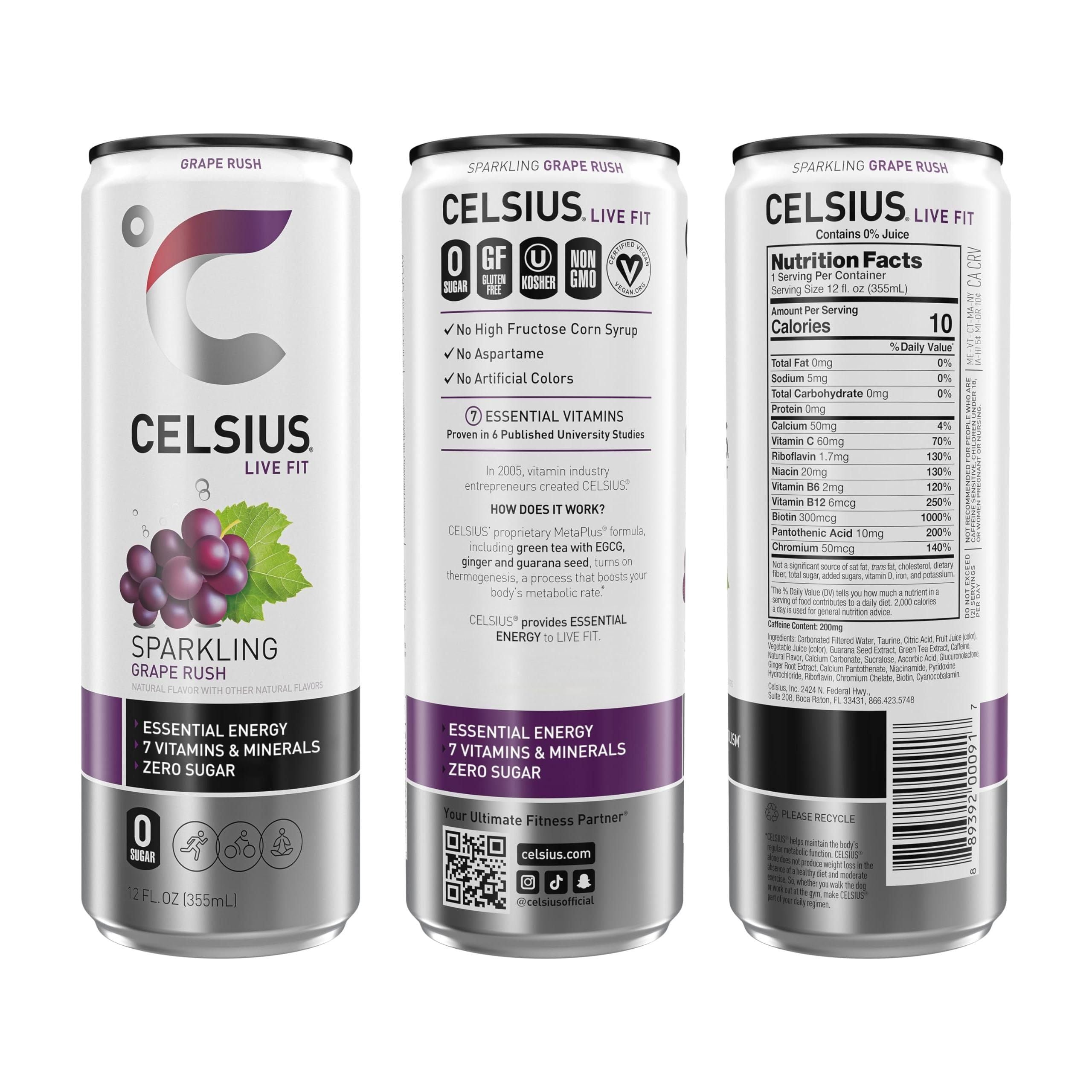 CELSIUS Sparkling Grape Rush Energy Drink, 12 Fl Oz Cans (Pack of 12) - Essential Energy, Zero Sugar, 7 Vitamins, Vegan, Non-GMO - Celsius