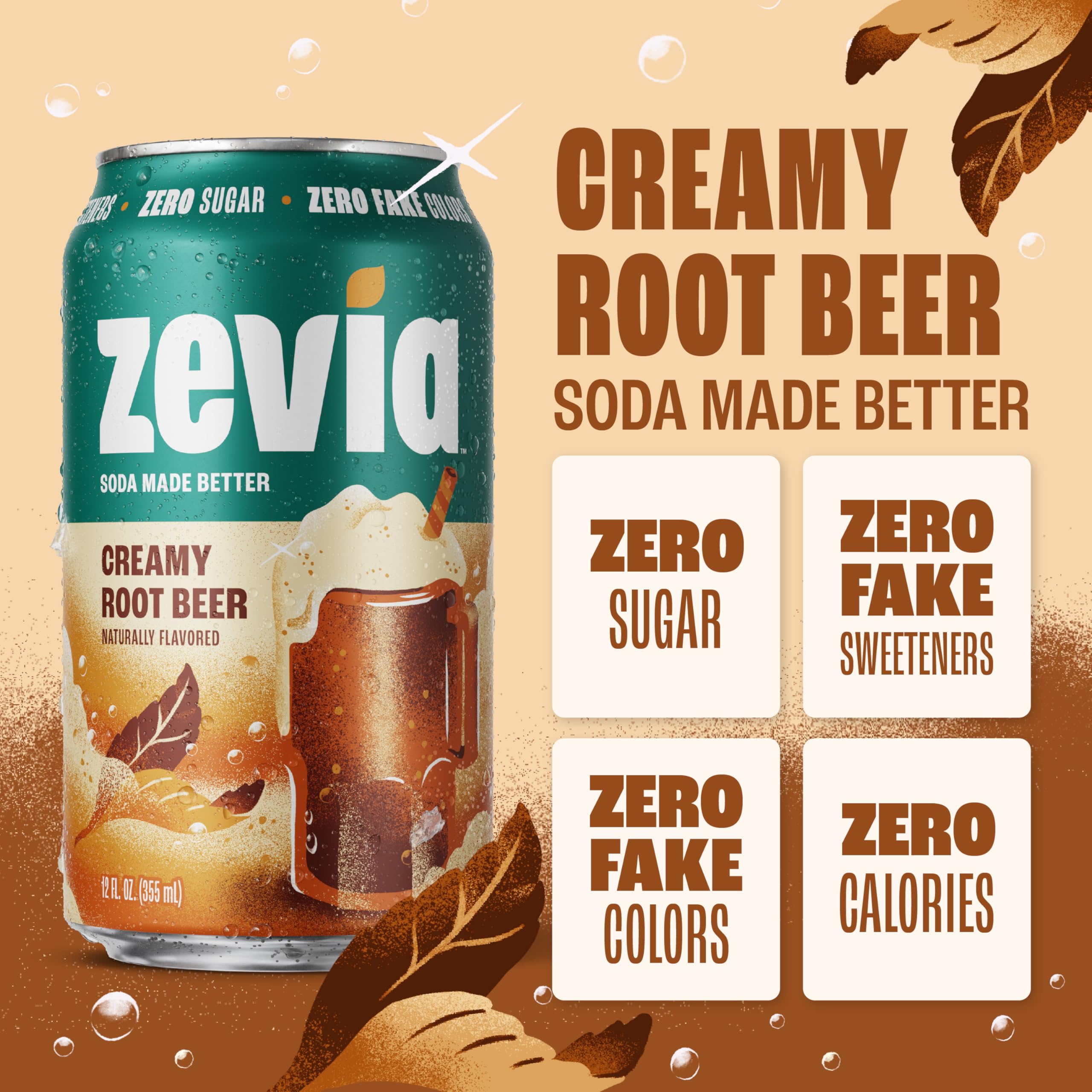 Zevia Zero Sugar Soda, Creamy Root Beer, 12 Ounce Cans (Pack of 12)