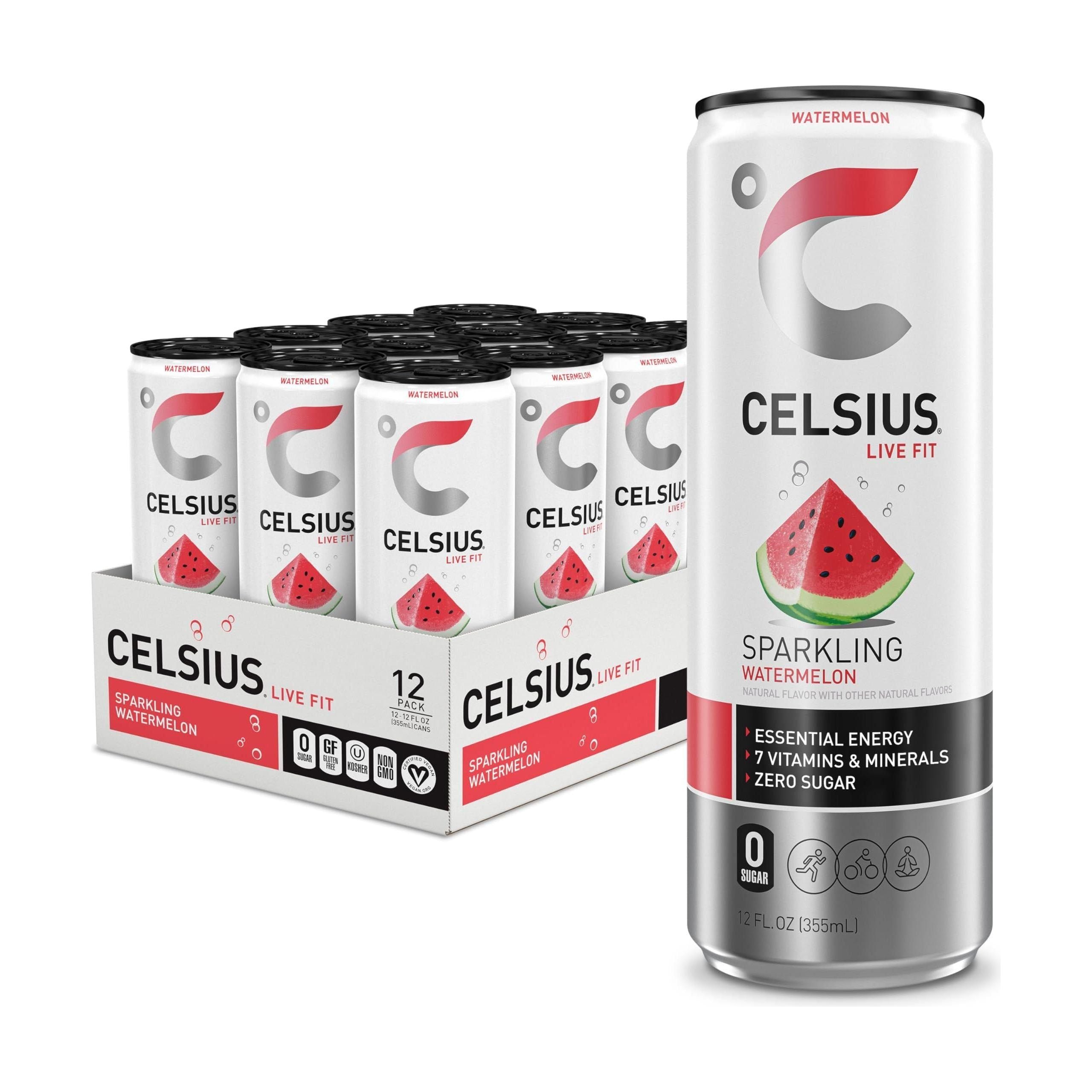 CELSIUS Sparkling Watermelon Energy Drink, 12 Fl Oz, 12-Pack – Essential, Zero Sugar, Vegan & Gluten-Free - Celsius