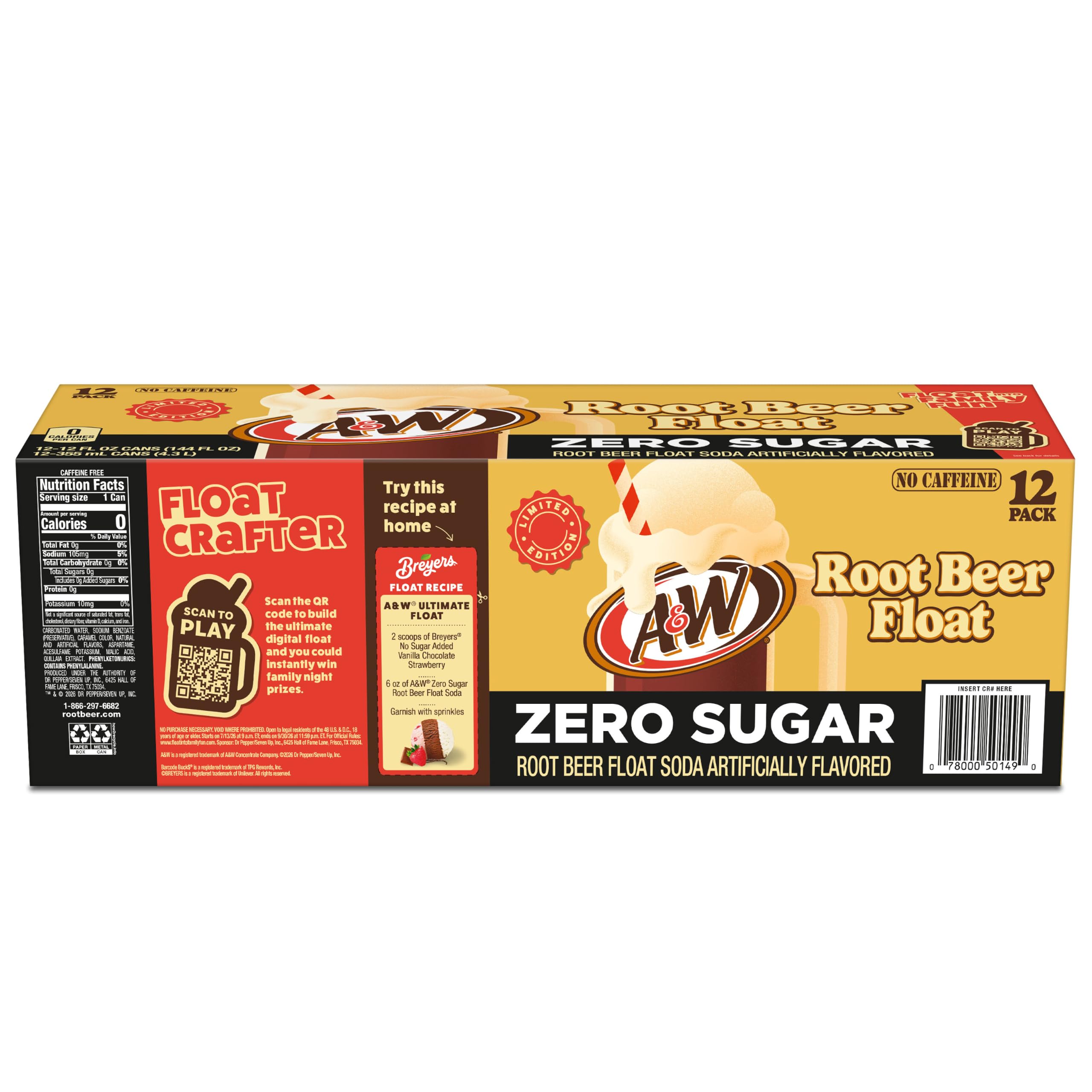 A&W Root Beer Float Zero Sugar Soda, 12 fl oz, 24 Cans