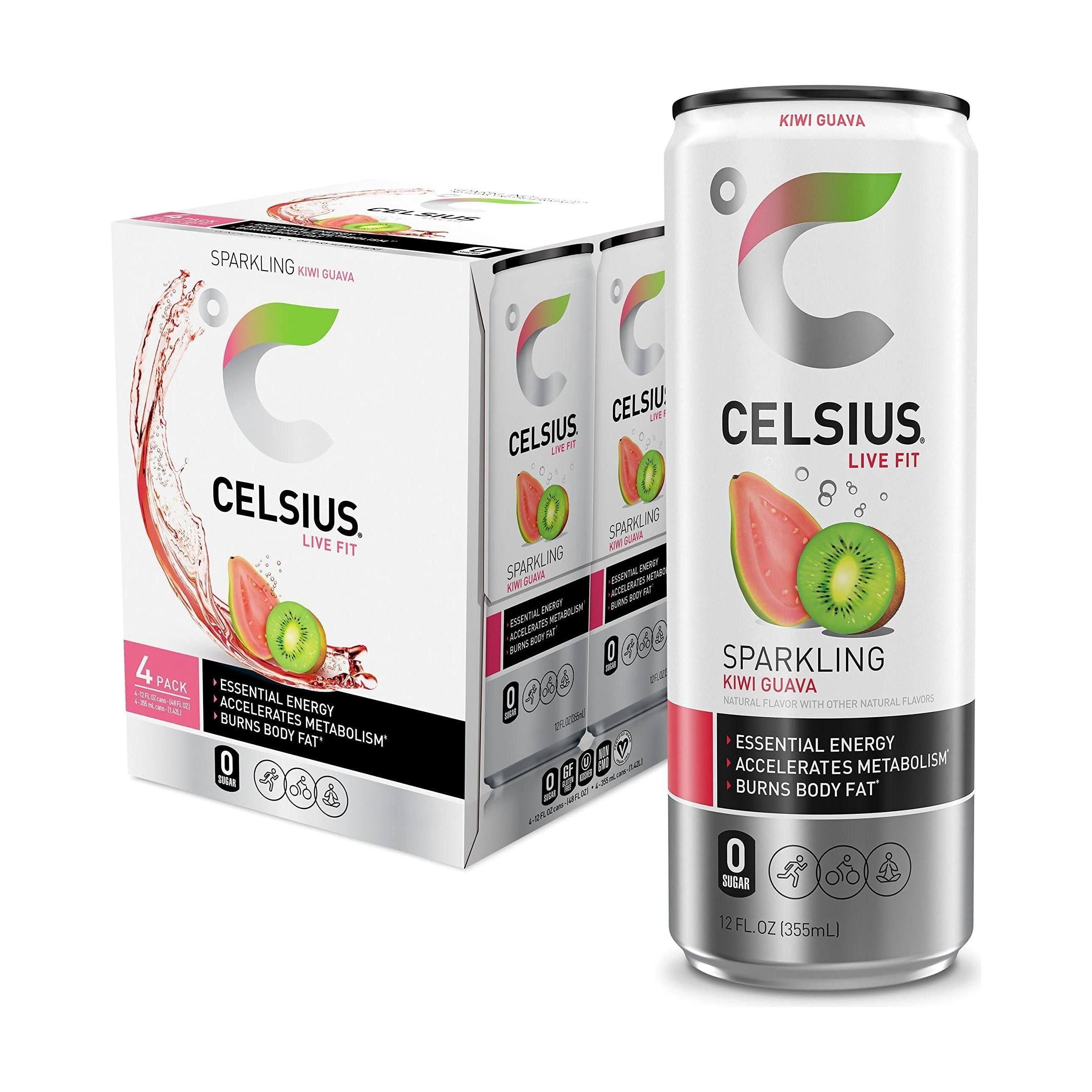 CELSIUS Sparkling Kiwi Guava, Essential Energy Drink, 12 Fl Oz Cans (Pack of 4) - Zero Sugar, Gluten-Free, Vegan, Non-GMO - Celsius