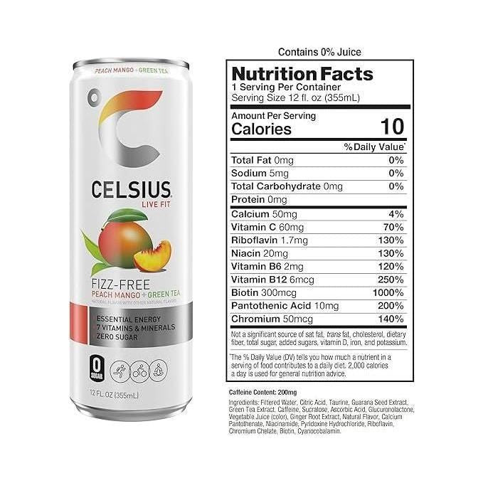 Celsius Essential Energy Peach Mango Green Tea - 12 Cans for Hydration & Focus - Celsius