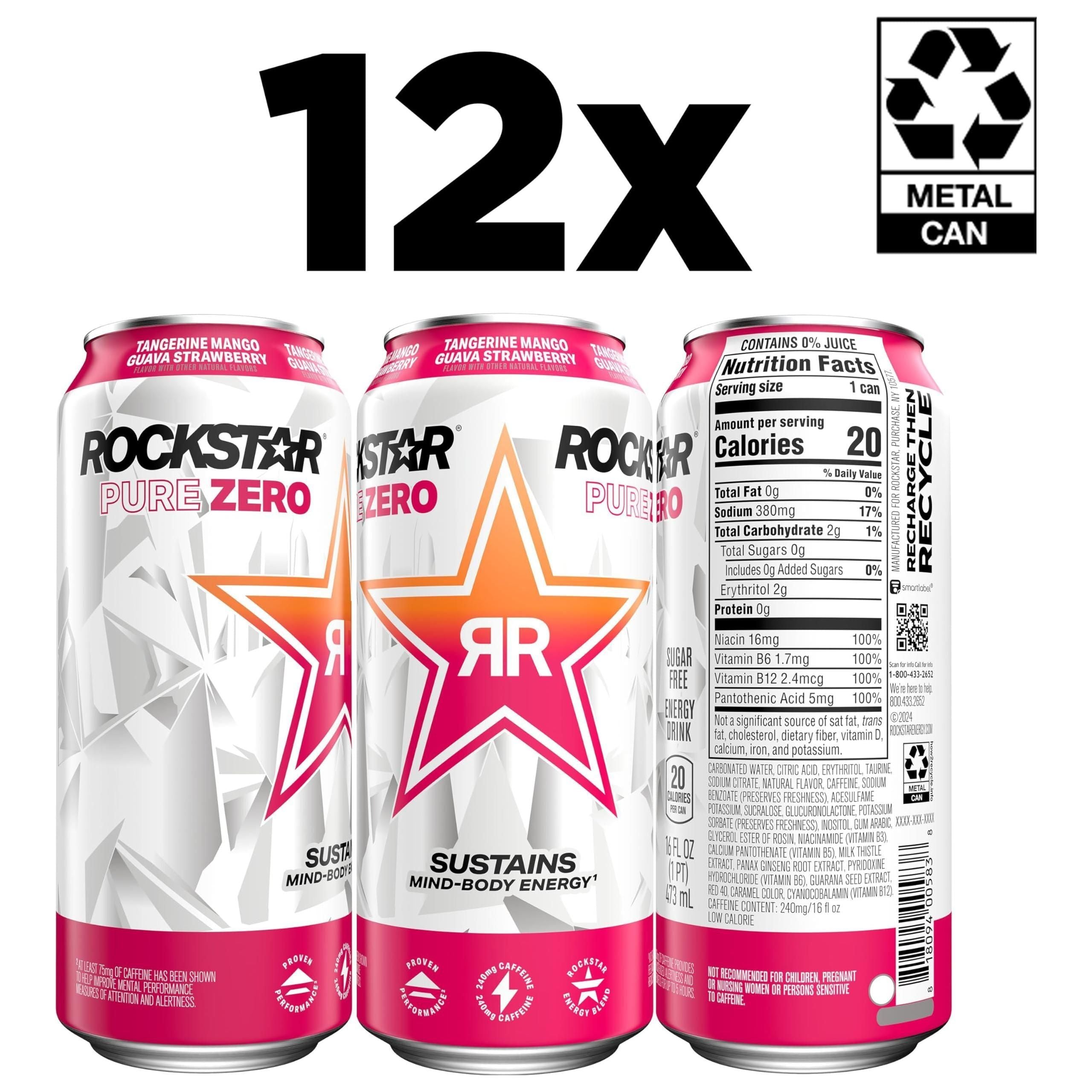 Rockstar Pure Zero Energy Drink, Tangerine Mango Guava Strawberry, Zero Sugar, with Caffeine and Taurine, 16 Fl Oz (12 Pack) (Packaging Varies) - Rockstar