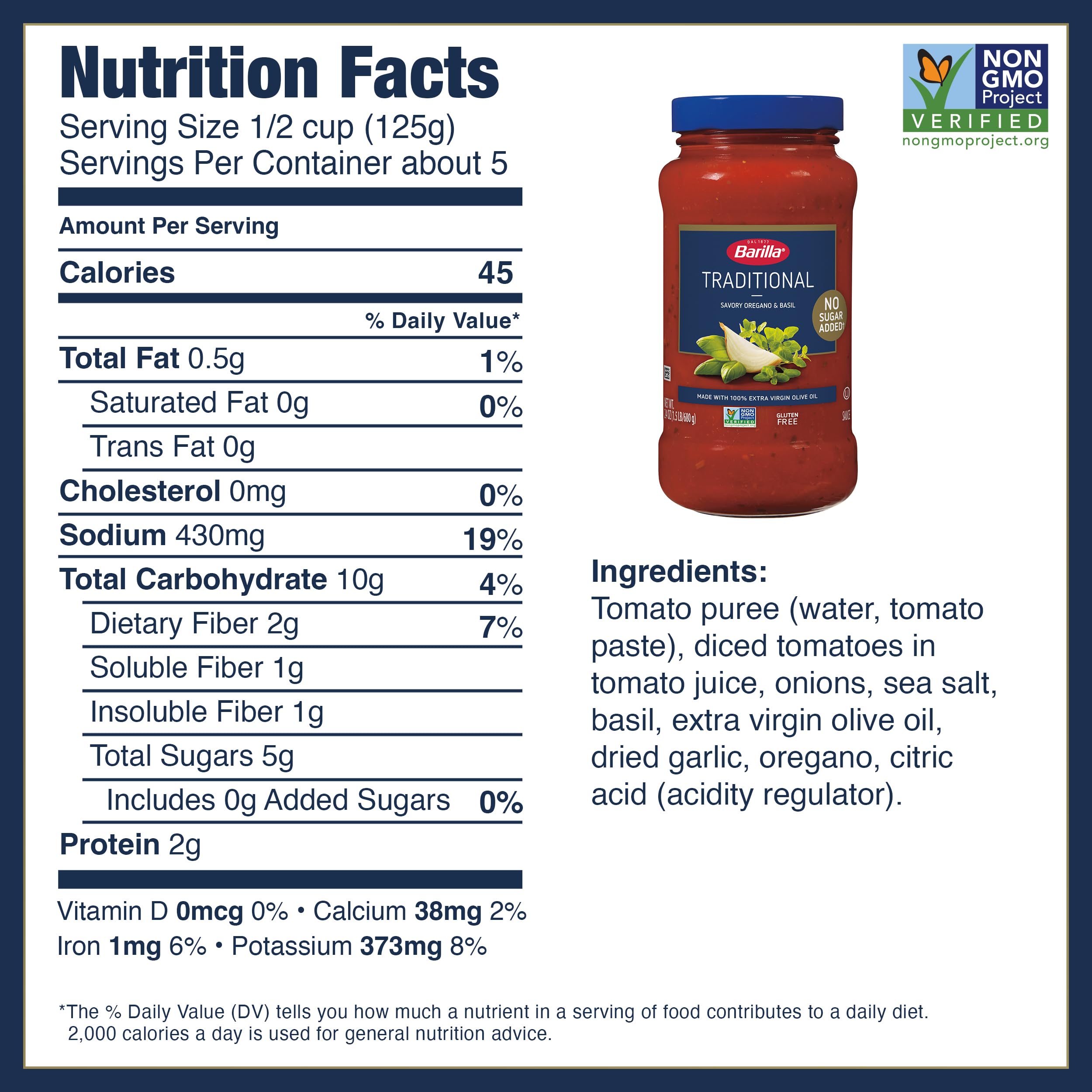 (8 PACK) BARILLA Premium Pasta Sauce Traditional, 24 Ounce Jar - NO ADDED SUGAR - Made with 100% Extra Virgin Olive Oil - No Artificial Colors, Flavors or Preservatives - Non-GMO, Gluten Free, Kosher - Barilla