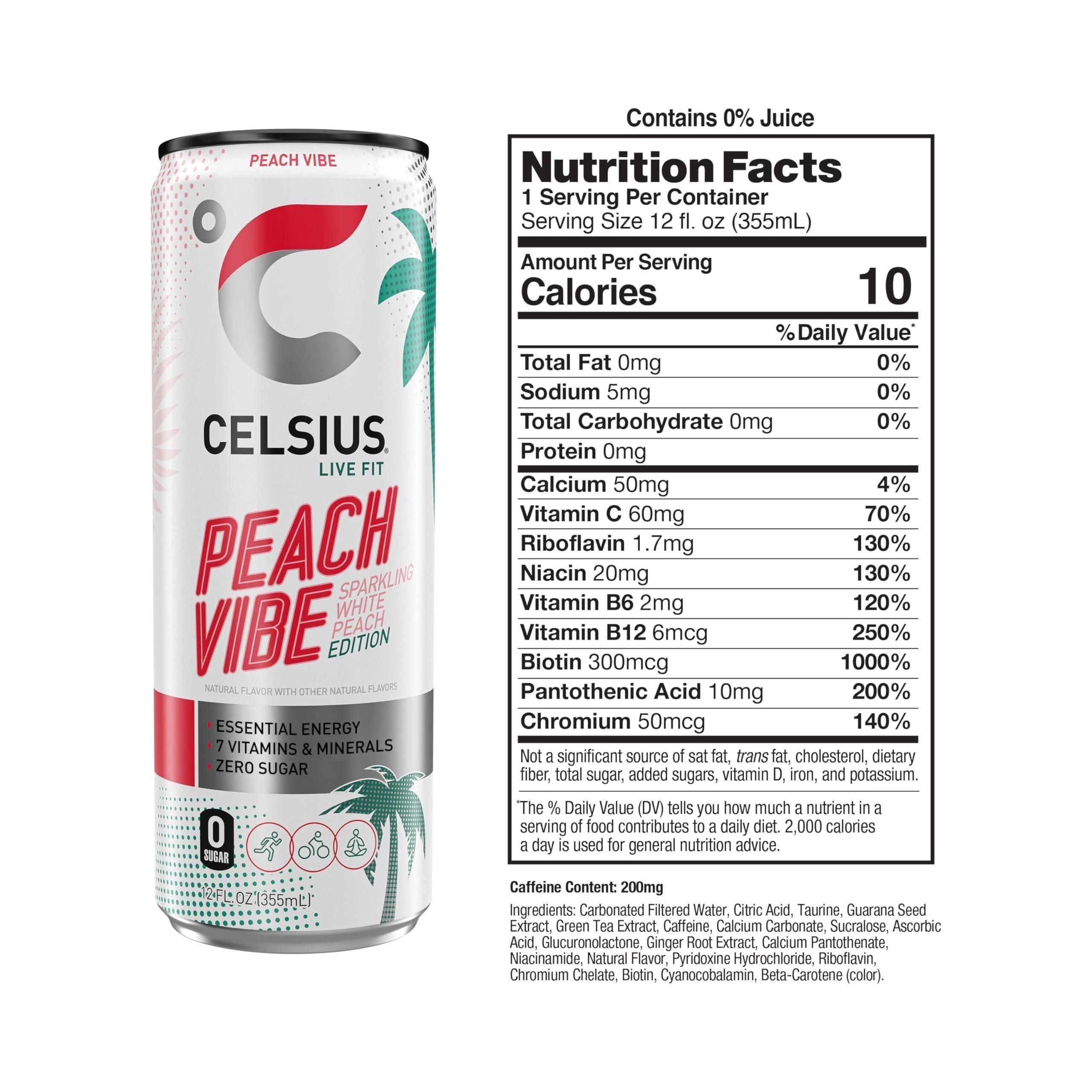 CELSIUS Sparkling Peach Vibe Energy Drink, 12 Fl Oz Cans (Pack of 12) - Celsius