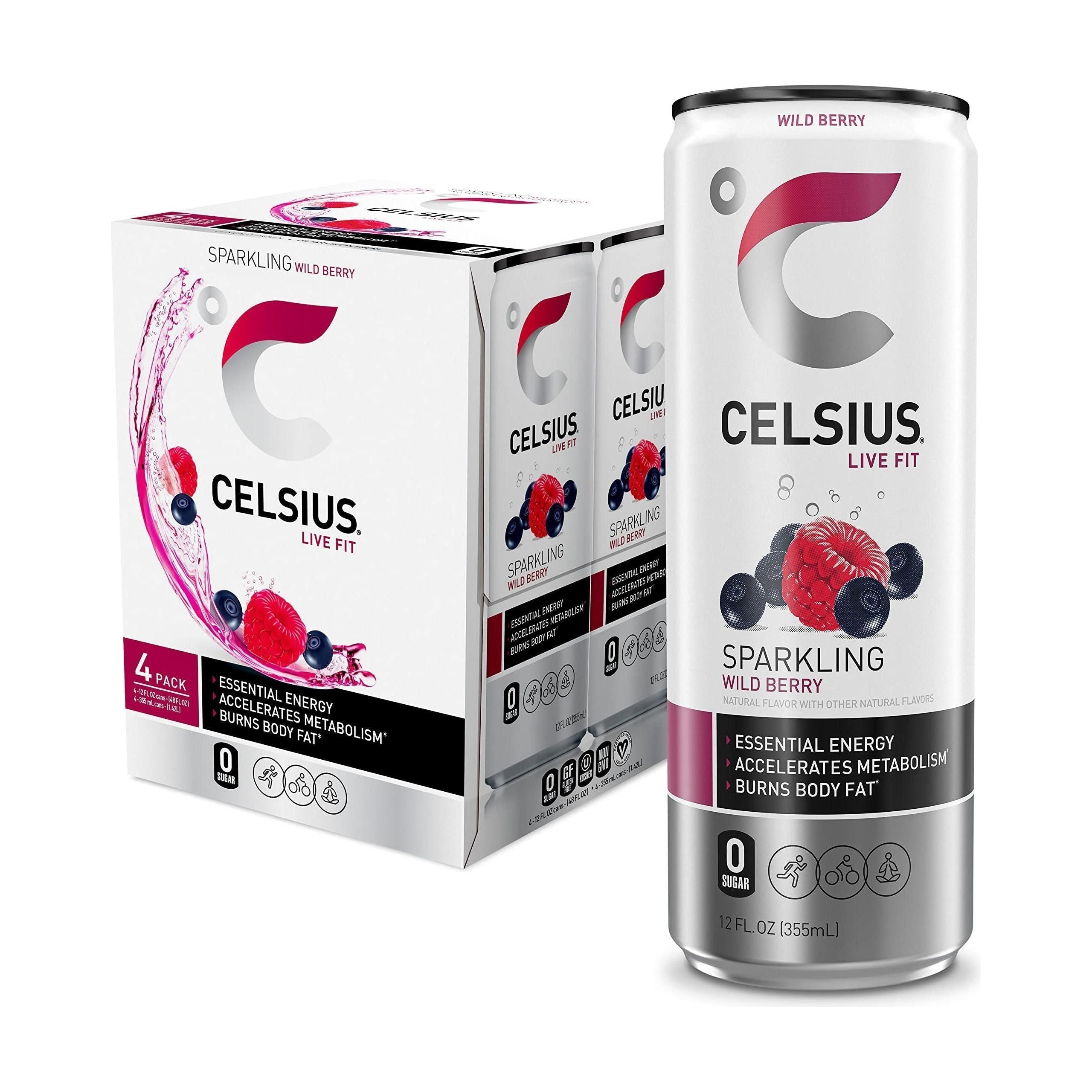 CELSIUS Sparkling Wild Berry Energy Drink, 12 Fl Oz Cans, 4 Pack - Essential Energy, Zero Sugar, Vegan, Non-GMO, Gluten-Free - Celsius